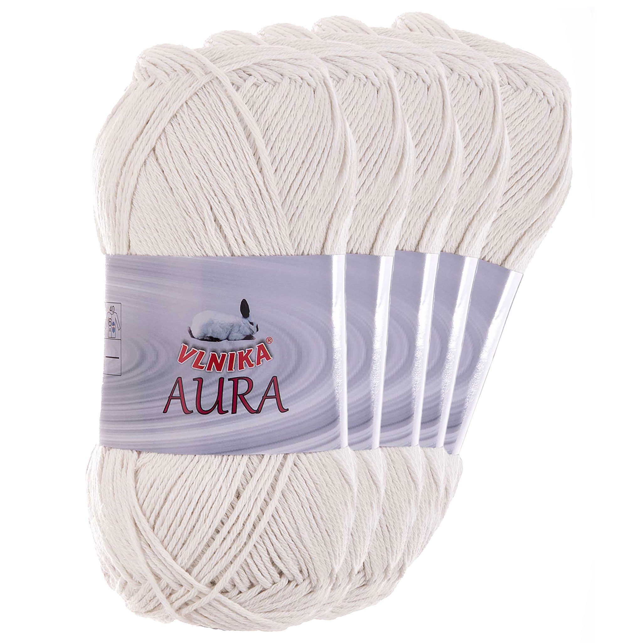 VLNIKA 5 x 100g Aura uni Sommergarn Häkelgarn Strickgarn Baumwolle Leinen Häkelwolle, 170 m (Sparpaket (5 Knäuel je 100g), natur