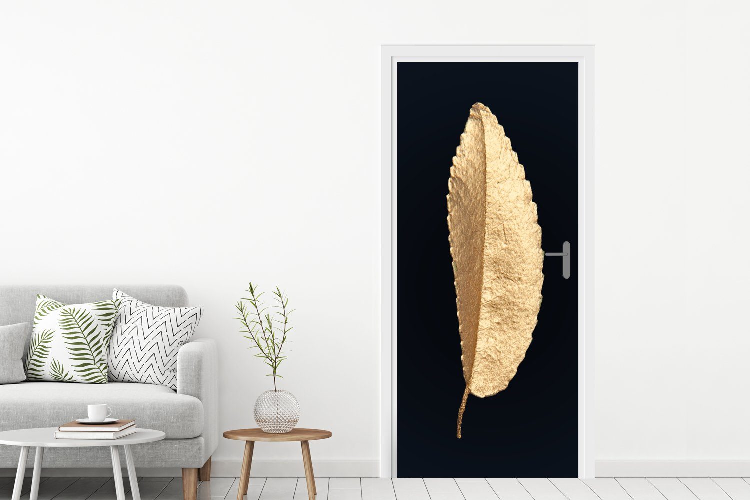 Chic Luxus Fototapete - Gold cm bedruckt, 75x205 für Blätter Natur, (1 - St), MuchoWow Türtapete und Tür, - Schwarz - Türaufkleber, Matt,