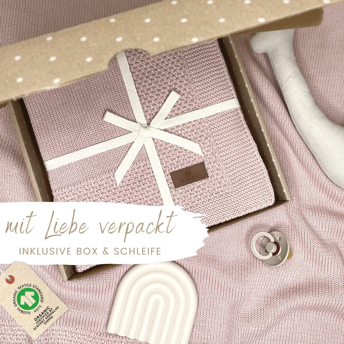 Babydecke DIKOS® Kuscheldecke Bordüre *100%* Bio Baumwolle, Geschenk zur Geburt, DIKOS, Strickdecke 75×100, Baby Erstausstattung Neugeborene, Babygeschenk