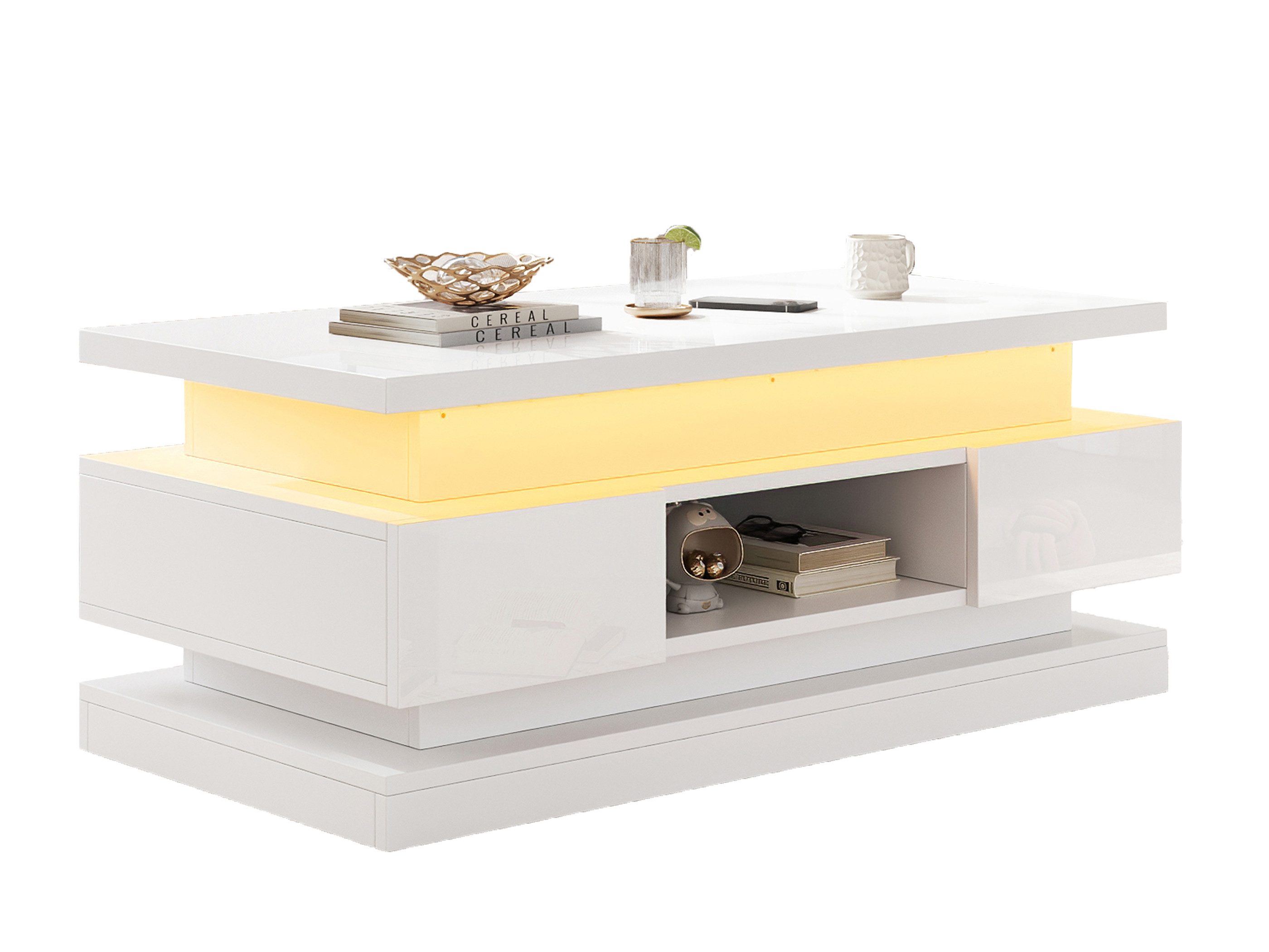 SeedWave Couchtisch Rechteckiger Sofatisch mit Anhebbarer Tischplatte, LED-Beleuchtung, Kaffeetisch mit Hochglänzende Oberfläche, Stauraum