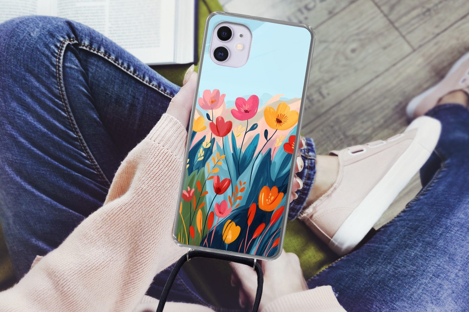 MuchoWow Handyhülle für Apple iPhone 12 Illustration - Blumen - Farbenfroh, Tragbare Handyhüllen mit Kette zum umhängen, Handykette Handyband