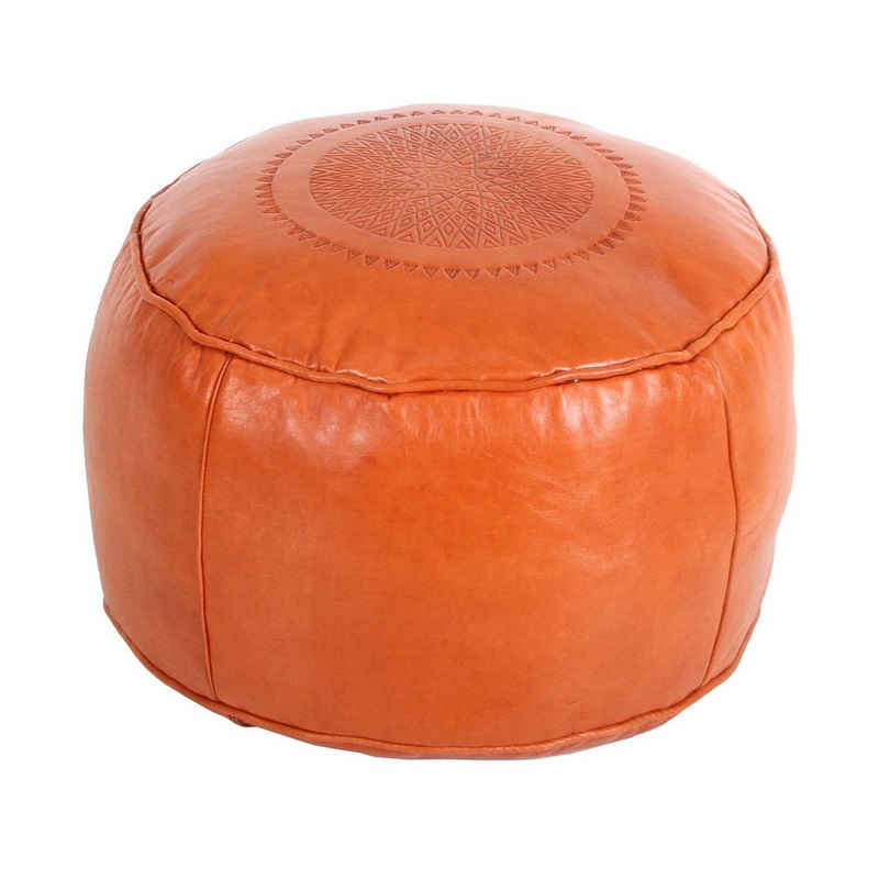 Casa Moro Pouf Orientalisches Leder Sitzkissen Rachida Orange rund Durchmesser 42 cm x Sitzhöhe 30 cm mit Füllung, Kunsthandwerk aus Marrakesch, Boho Pouf Polsterhocker, MO4261