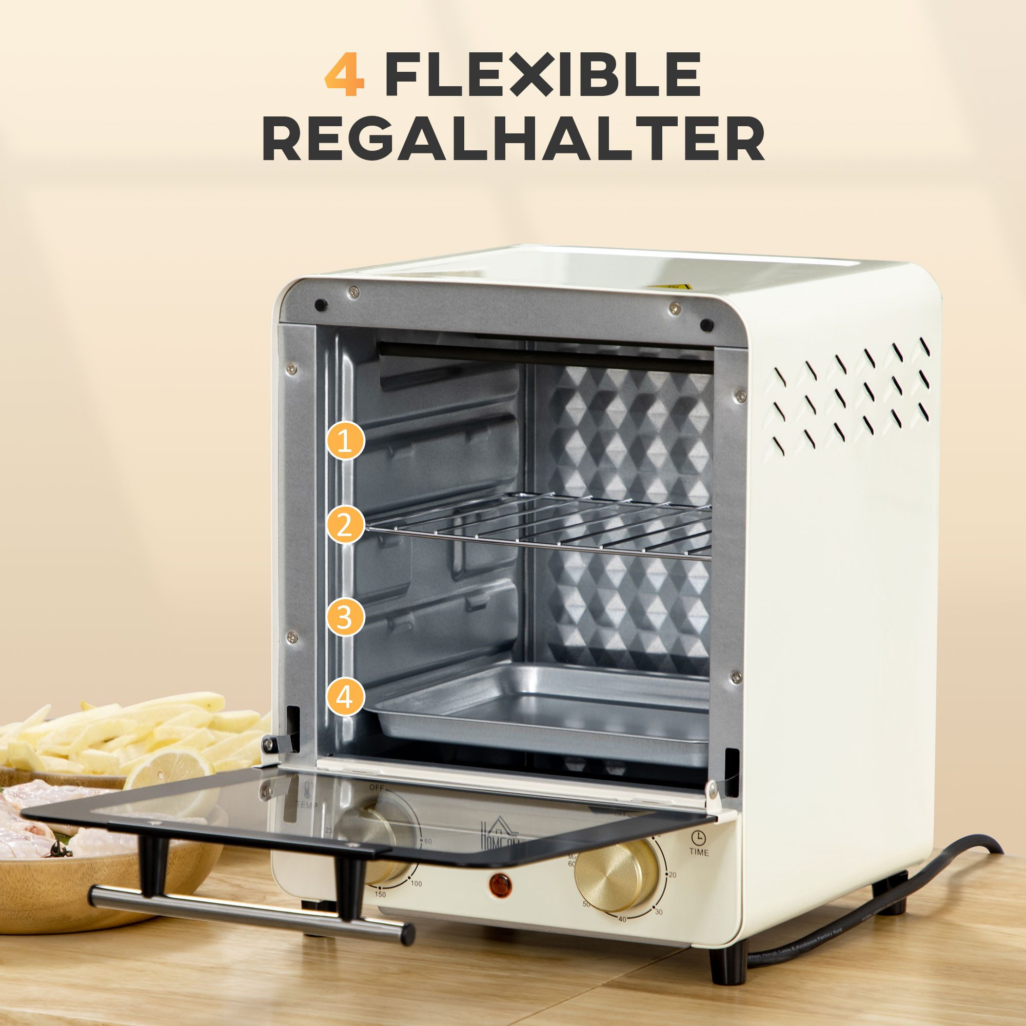 HOMCOM Minibackofen Backofen 10 L 750W 100-230℃ mit Backblech Pizza-Ofen, zum Grillen, Backen, Toasten, Cremeweiß – Bild 5 von 5