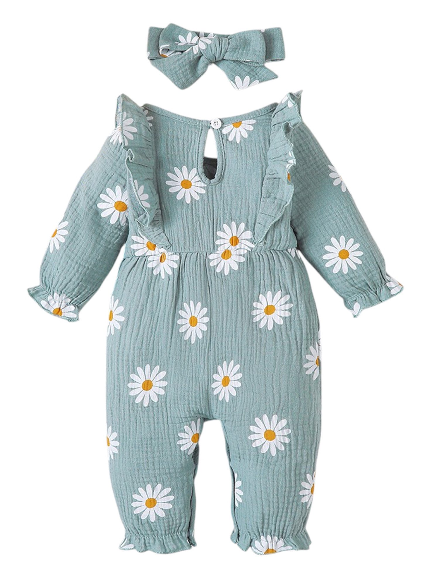 Lapastyle Strampler Baby Langarm Outfit Set, Bodysuit mit Rüschen und Gänseblümchen Muster (Set, 2-tlg) Jumpsuit & Haarband Set, 100% Baumwolle, Schleifendekor, Lässig, Süß