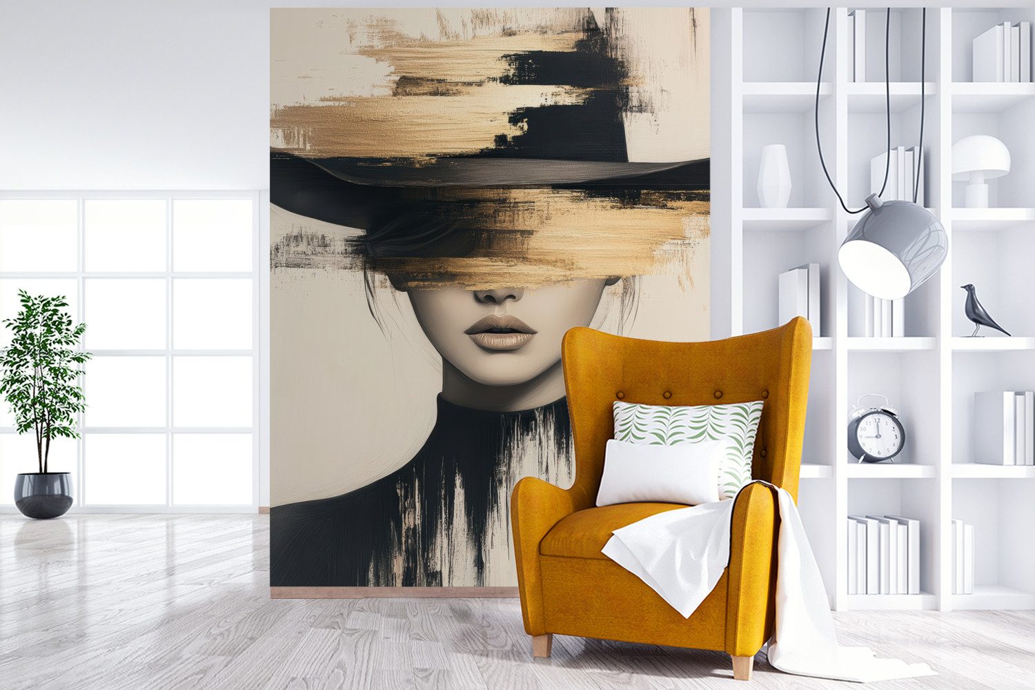 MuchoWow Fototapete Frau - Hut - Farbe, Matt, bedruckt, Montagefertig Vinyl Tapete, Wandtapete, 205x280 cm