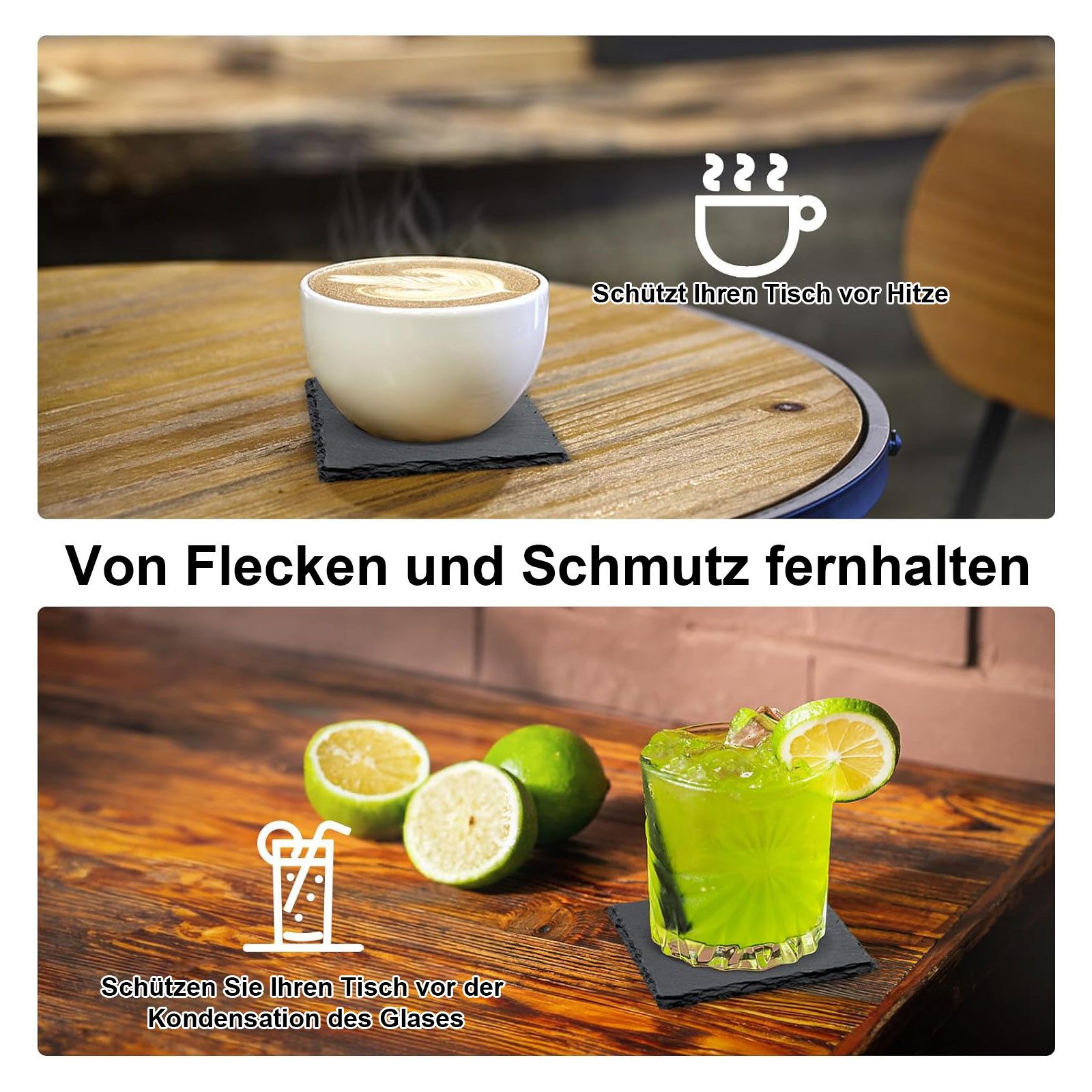 OKWISH Getränkeuntersetzer 12 Glasuntersetzer Schiefer Gläser Untersetzer Schieferplatte 10x10 cm, Quadratisch Natur Schieferuntersetzer mit Metall Halter, 12-tlg., Rutschfest und Isoliert für Getränke Glas Tassen Bar Deko usw