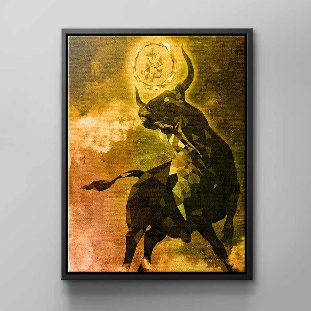 DOTCOMCANVAS® Leinwandbild Bitcoin Stier, Wandbild Motivations-Kryptotier Stier Diamant Gold Orange Grün Bitco schwarzer Rahmen