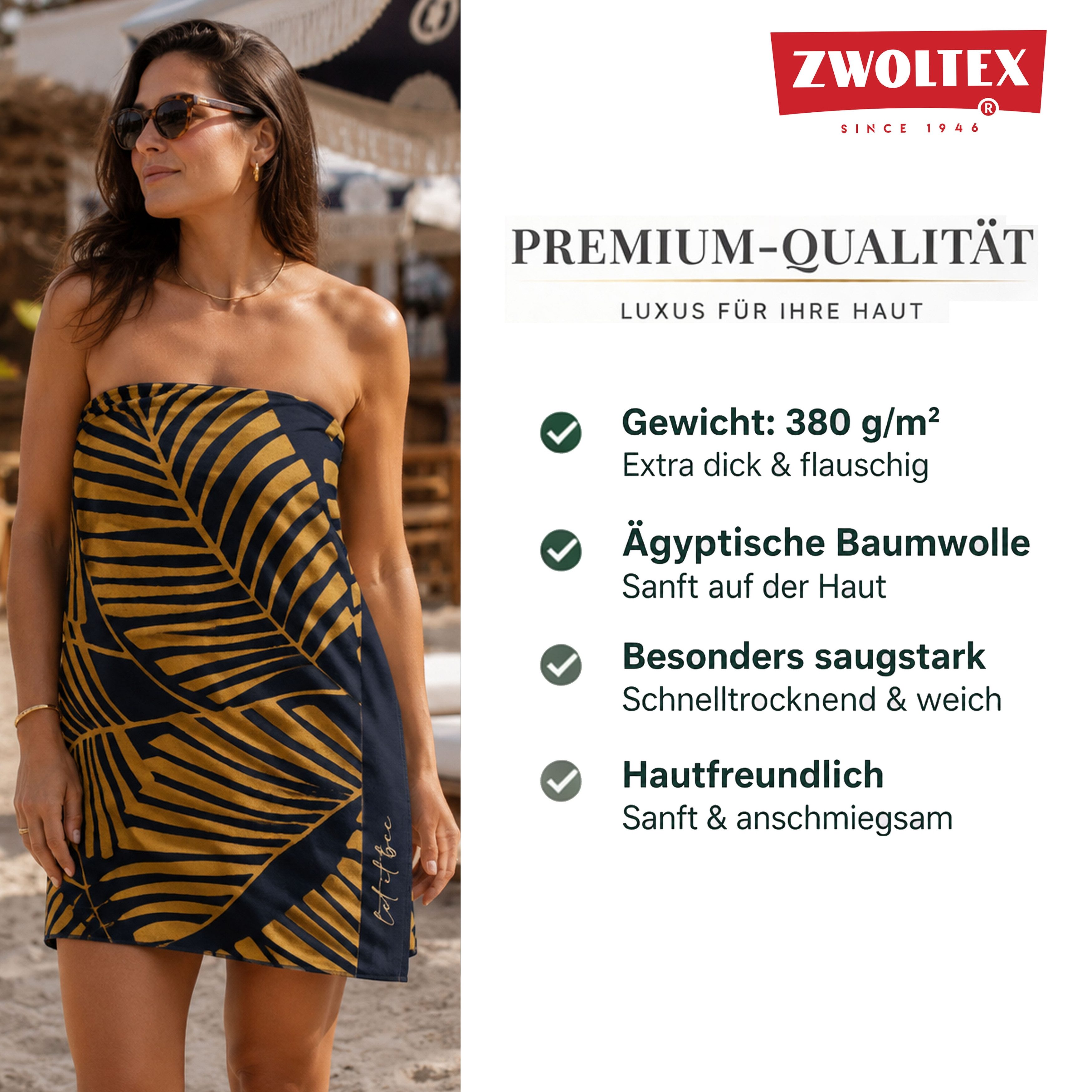 Zwoltex Strandtuch Strandhandtuch 100x160cm [380 g/m²], weich, saugstark & sommerlich