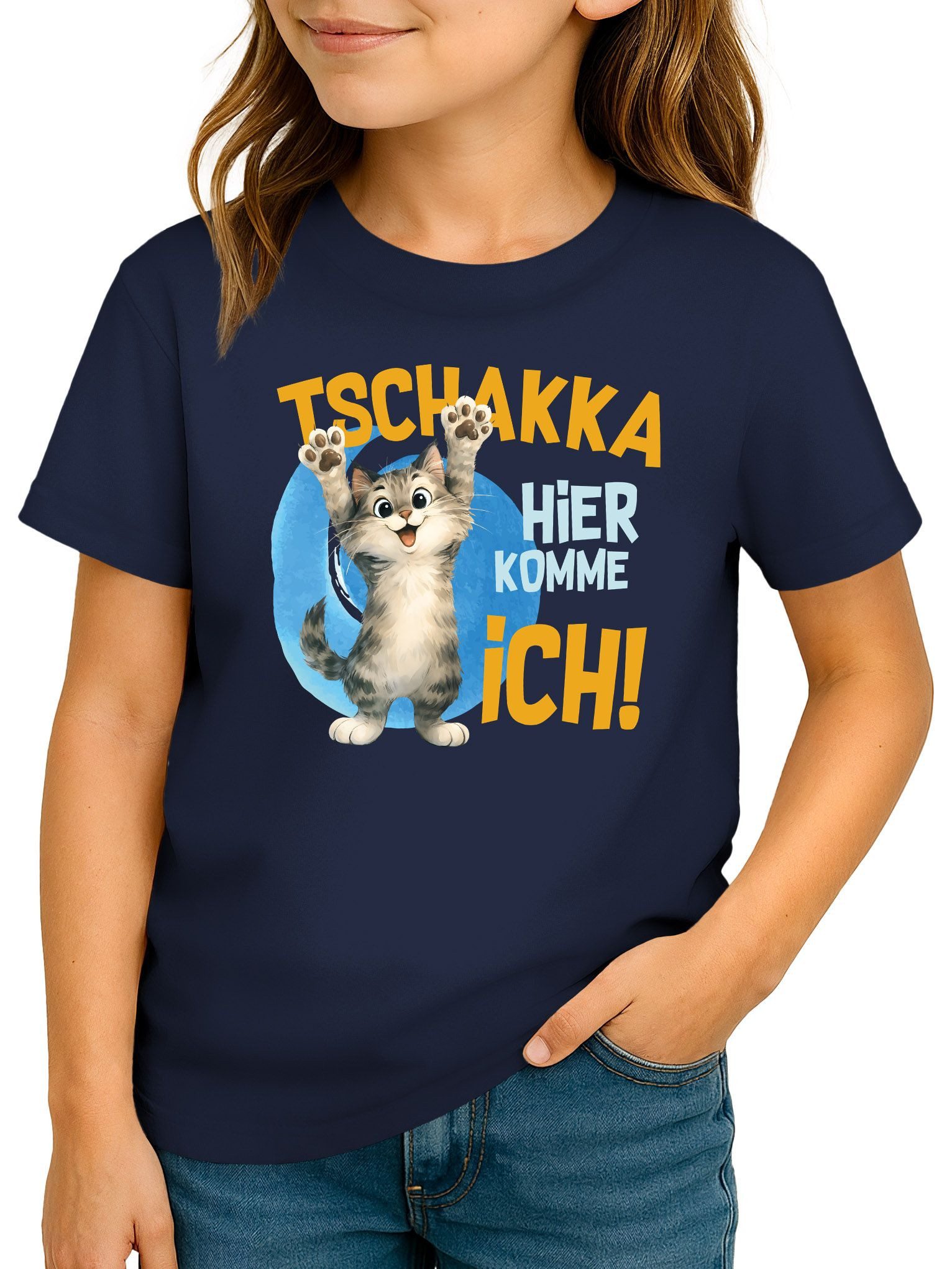 Print-Shirt Kinder T-Shirt Mädchen Aufdruck Katze Spruch lustig Tschakka hier