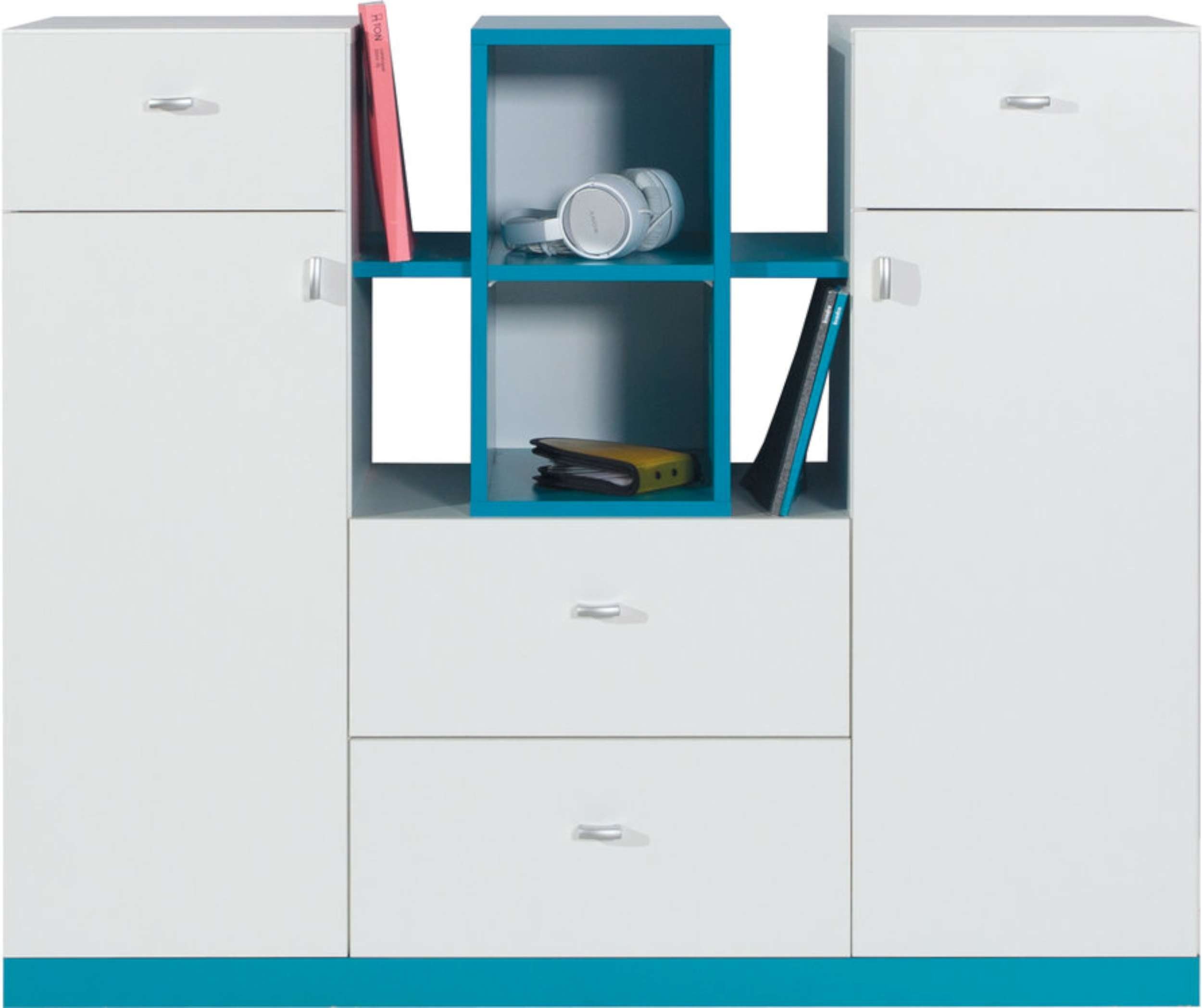 99rooms Kinderkleiderschrank Bond Weiß Hochglanz Türkis (Sideboard, Kinderschrank) mit Schubladen, FSC-Zertifizierung, viel Stauraum, Modern Design