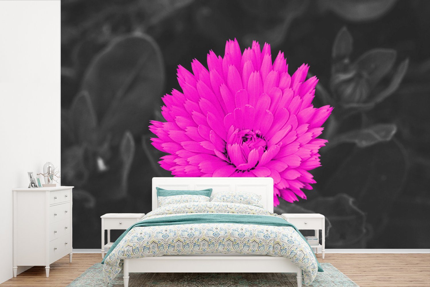 MuchoWow Fototapete Blumen - Aquarell - Rosa, Matt, bedruckt, (6 St), Wallpaper für Wohnzimmer, Schlafzimmer, Kinderzimmer, Vinyl Tapete