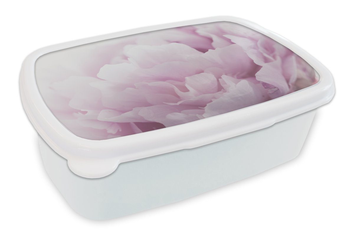 MuchoWow Lunchbox Nahaufnahme einer rosa Pfingstrose, Kunststoff, (2-tlg), Brotbox für Kinder und Erwachsene, Brotdose, für Jungs und Mädchen weiß