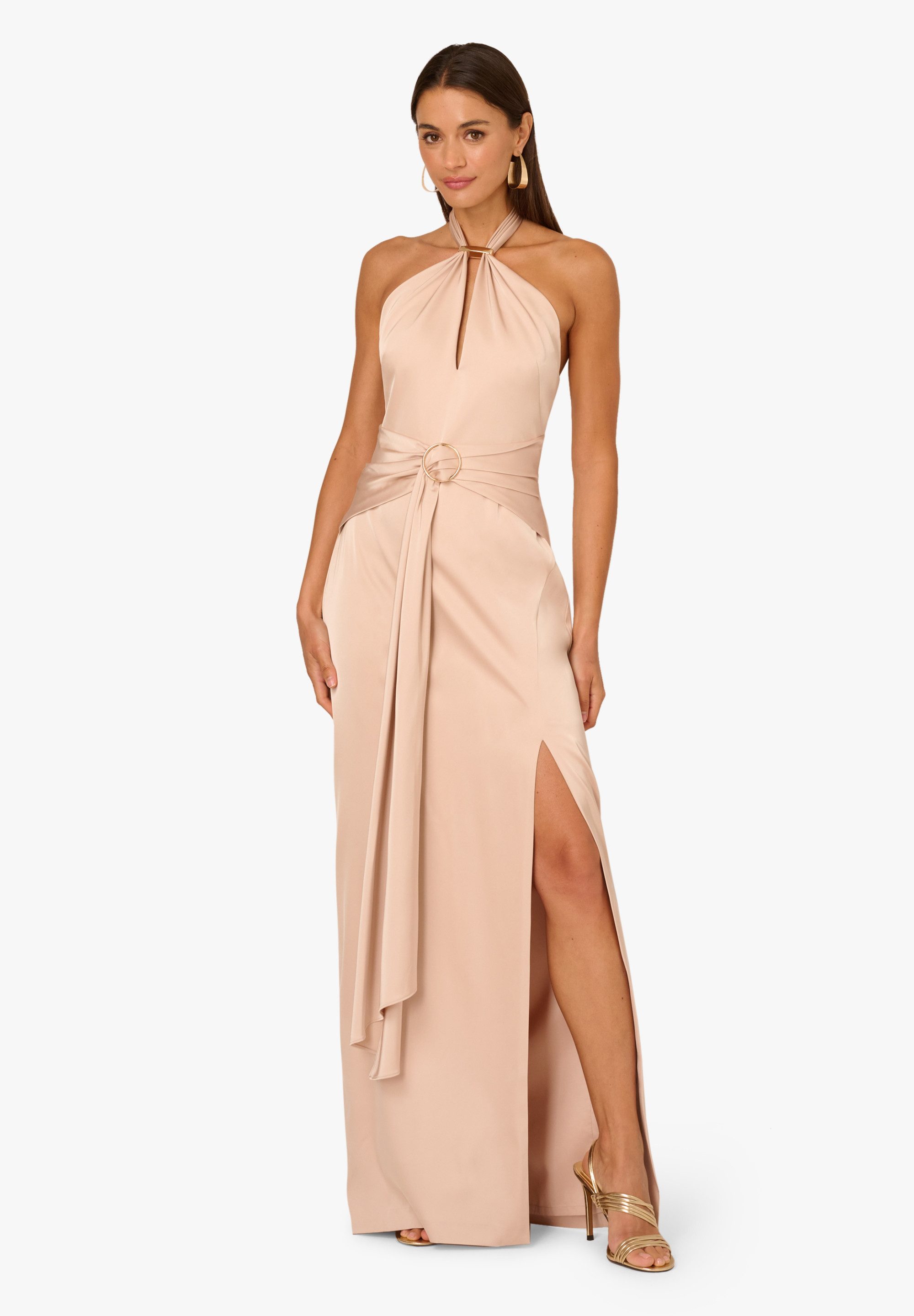 Adrianna Papell Abendkleid Stretch Satin Long Dress Stretch-Satin-Kleid mit Schlüssellochausschnitt und tiefem Ausschnitt