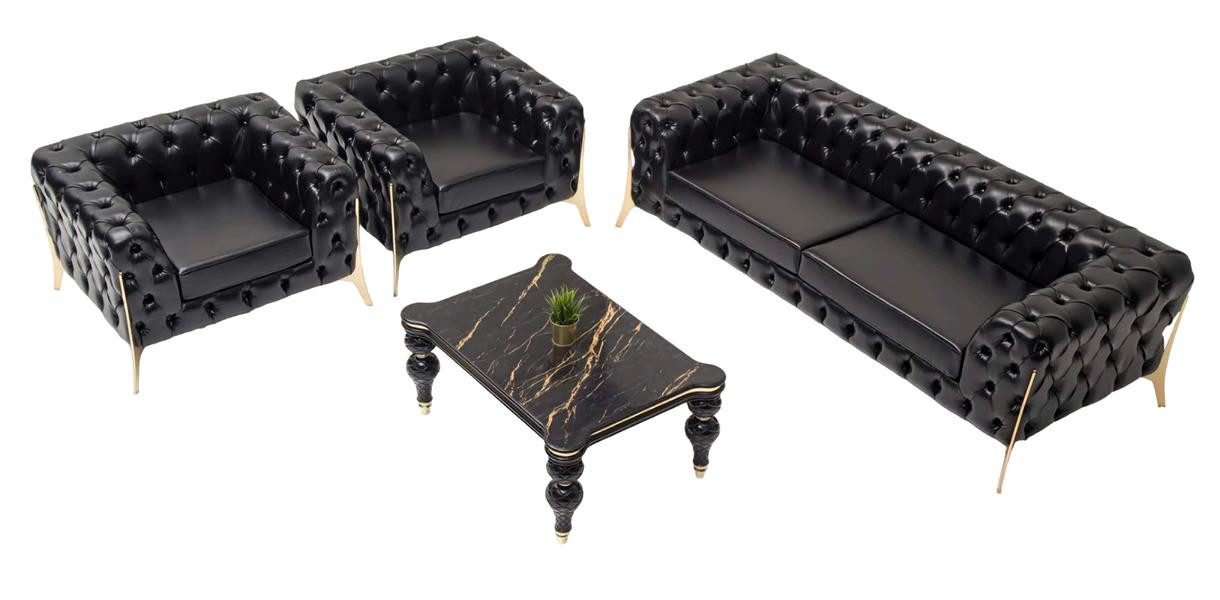 JVmoebel Chesterfield-Sofa Schwarzes Chesterfield Sofa aus Kunstleder im Art-déco-Stil, Set 4 Teile, Made in Europe