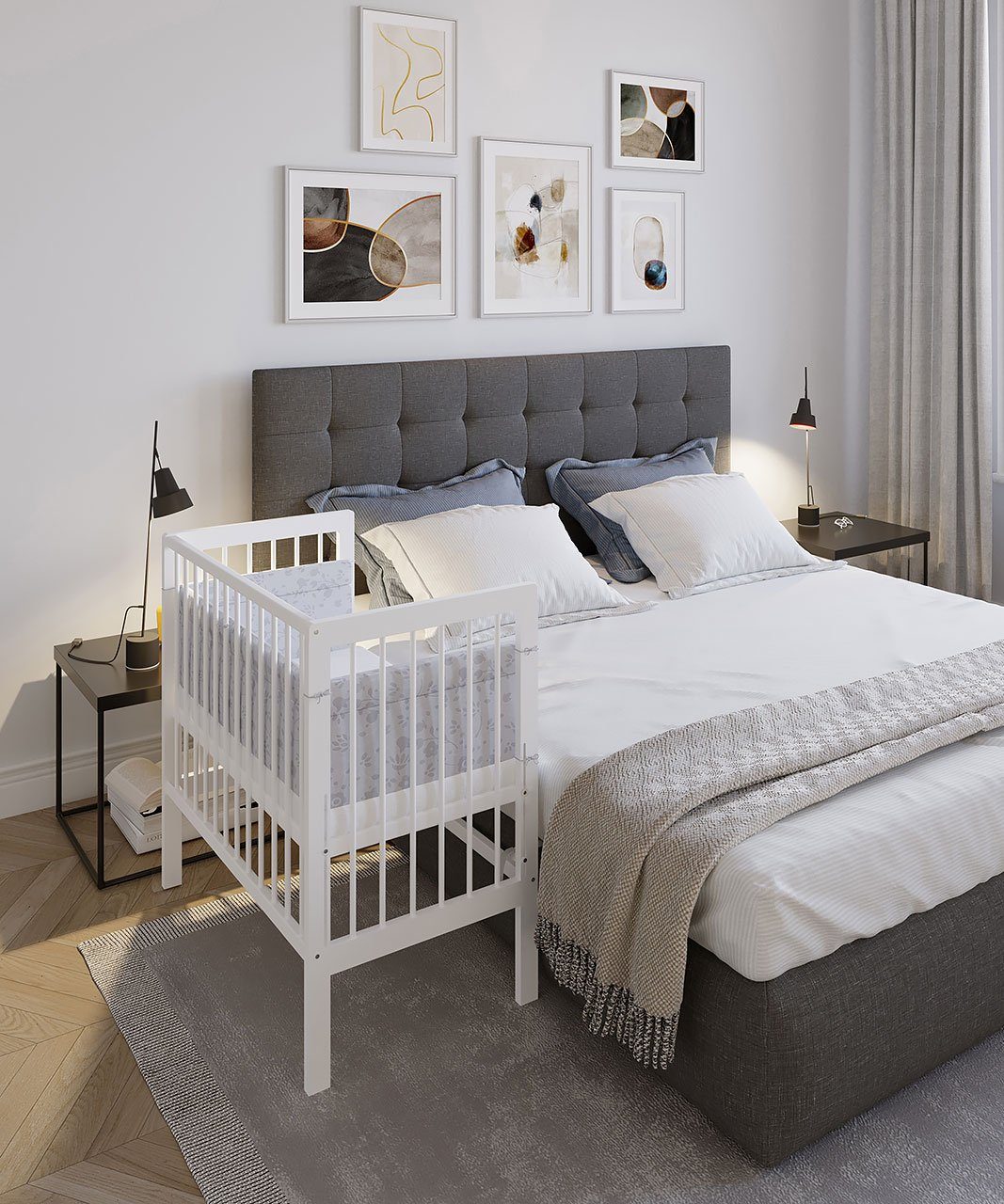 FabiMax Beistellbett Babybett Boxspring weiß lackiert, 90 x 55 cm Liegefläche, aus Buchenholz, Stufenlos höhenverstellbar 40-73 cm, Holz-Lattenrost