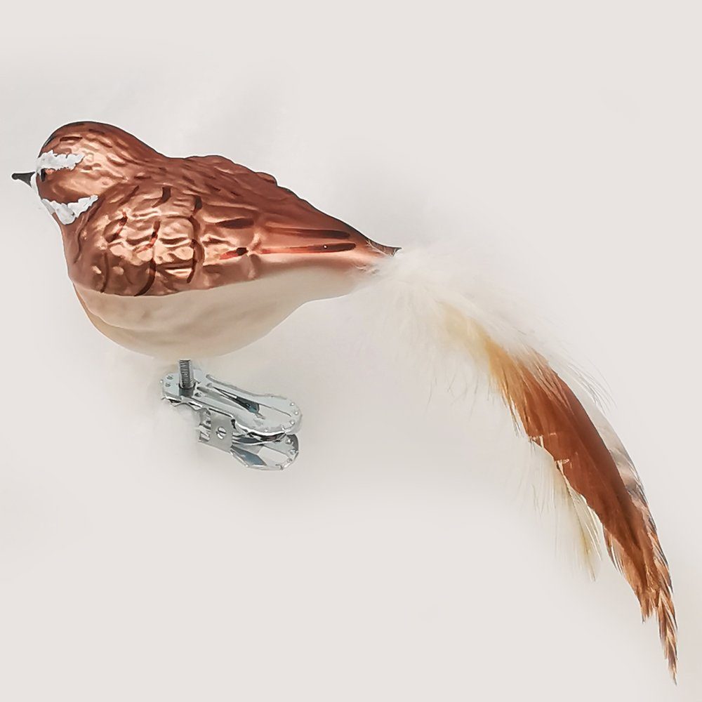 Schatzhauser Christbaumschmuck Braunkehlchen mit mundgeblasen, (1-tlg), Vogel Naturfedern, handbemalt 9cm