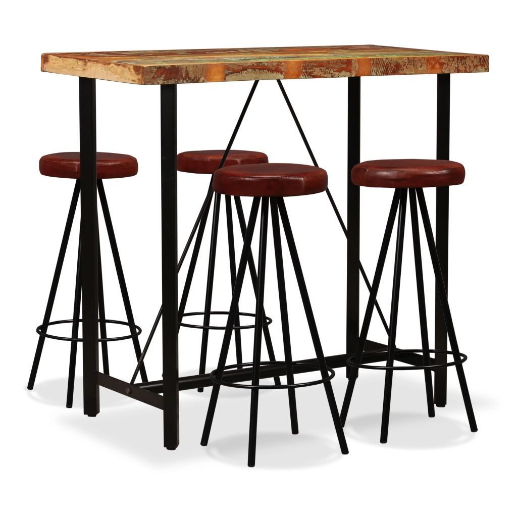 vidaXL Sitzgruppe 5-tlg Bar-Set Altholz Massiv und Echtleder Hochstühle Barhocker Bar Ho