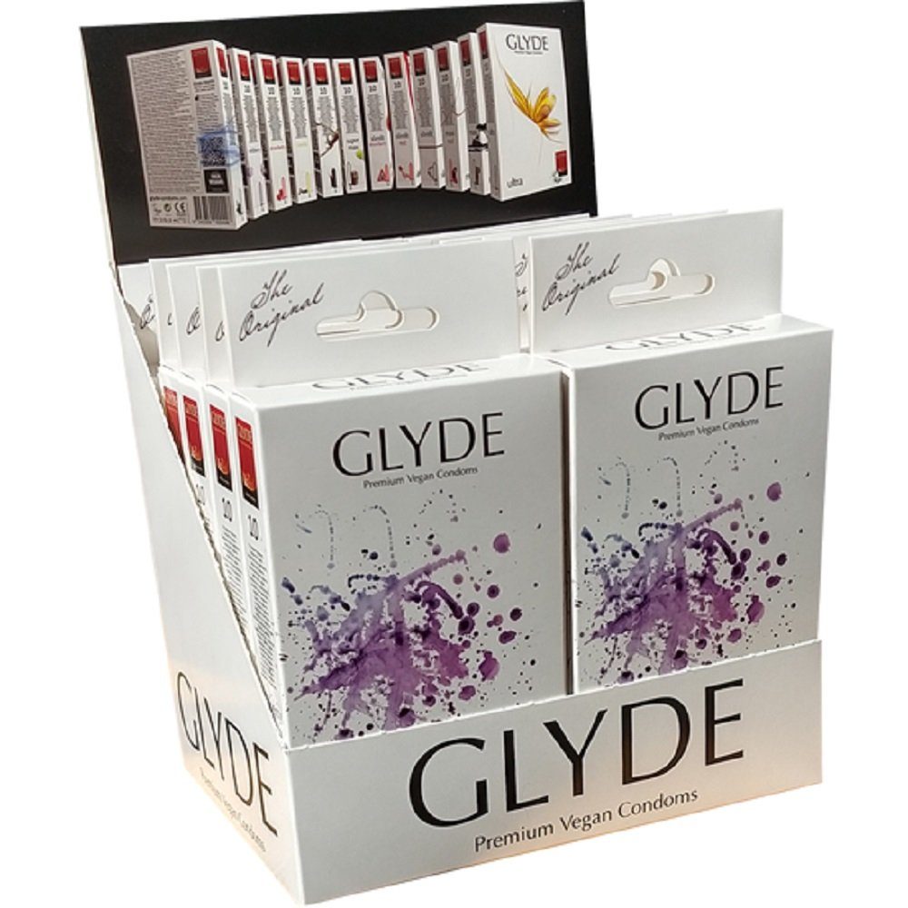 Glyde Kondome Glyde Ultra, 10x10 vegane Kondome Spar-Set, Sorte: Wildberry, Zertifiziert mit der Veganblume, Gefühlsecht & Reißfest, lila gefärbt und mit natürlichem Waldfrucht-Aroma