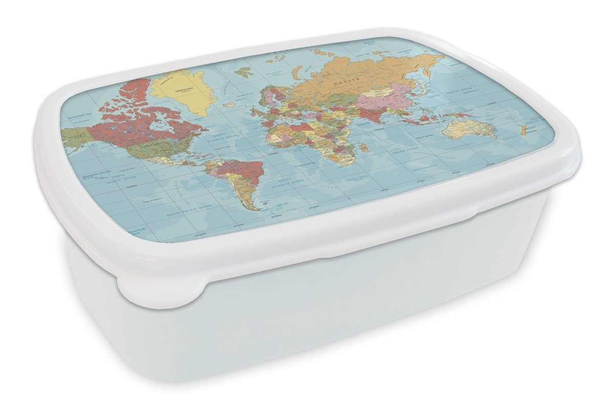 MuchoWow Lunchbox Karte - Welt - Farben, Kunststoff, (2-tlg), Brotbox für Kinder und Erwachsene, Brotdose, für Jungs und Mädchen weiß