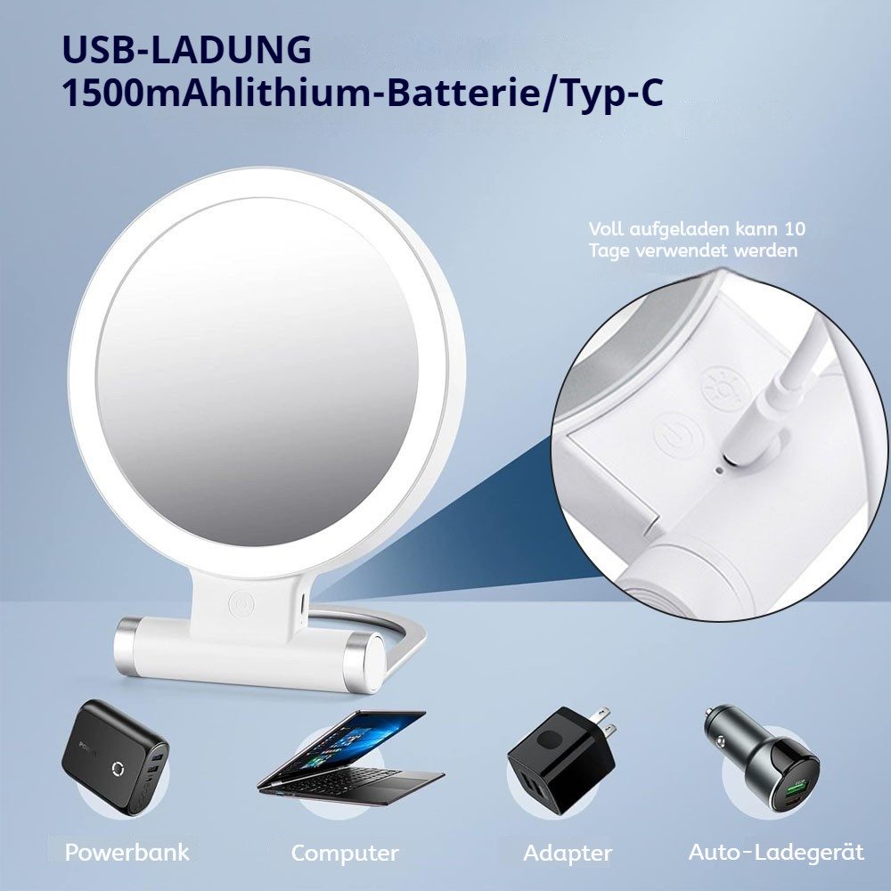 PRIISF Vergrößerungsspiegel 30 fach Kosmetikspiegel Tischspiegel Schminkspiegel Reisespiegel LED (USB Wiederaufladbarer 3-Farben Dimmbar, Aufladbar, Handspiegel, Aufstellspiegel, LED-Lichtspiegel), Beidseitig Makeup Spiegel Badspiegel für Badezimmer unterwegs