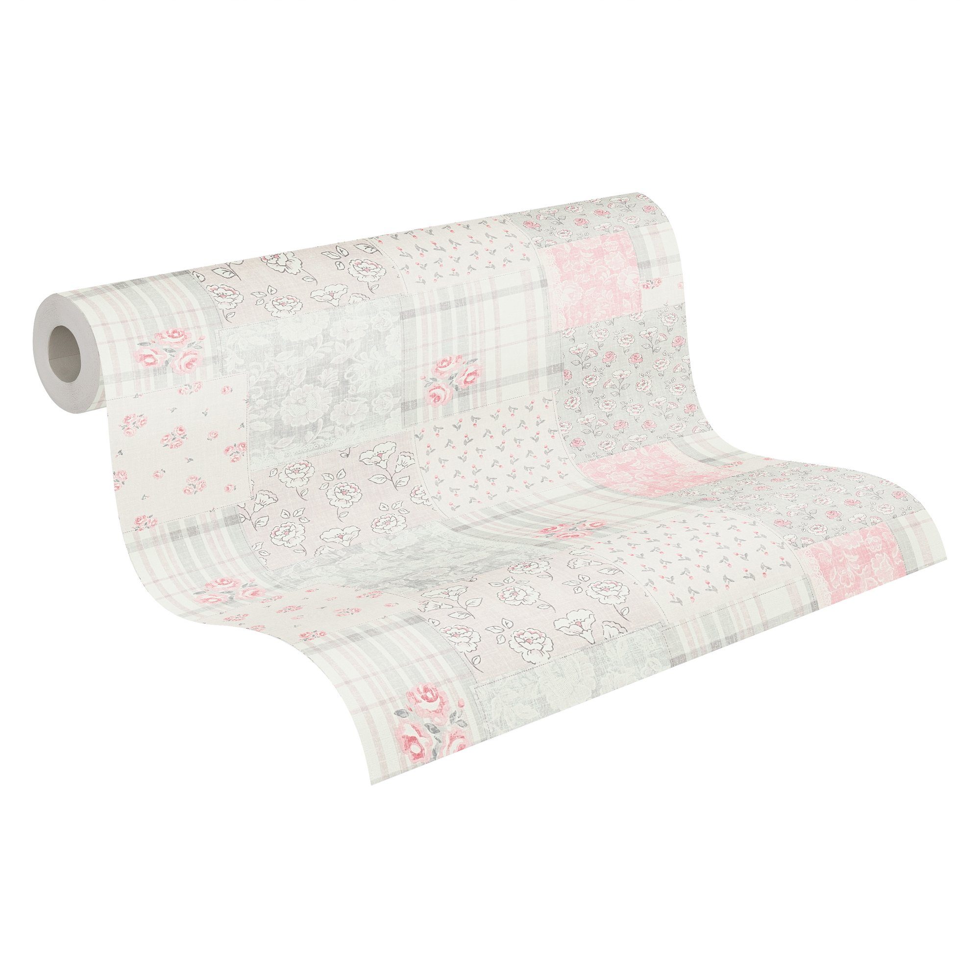 Bricoflor Patchwork Tapete Rosa Weiß Grau Shabby Chic Vlistapete mit Rosen günstig online kaufen