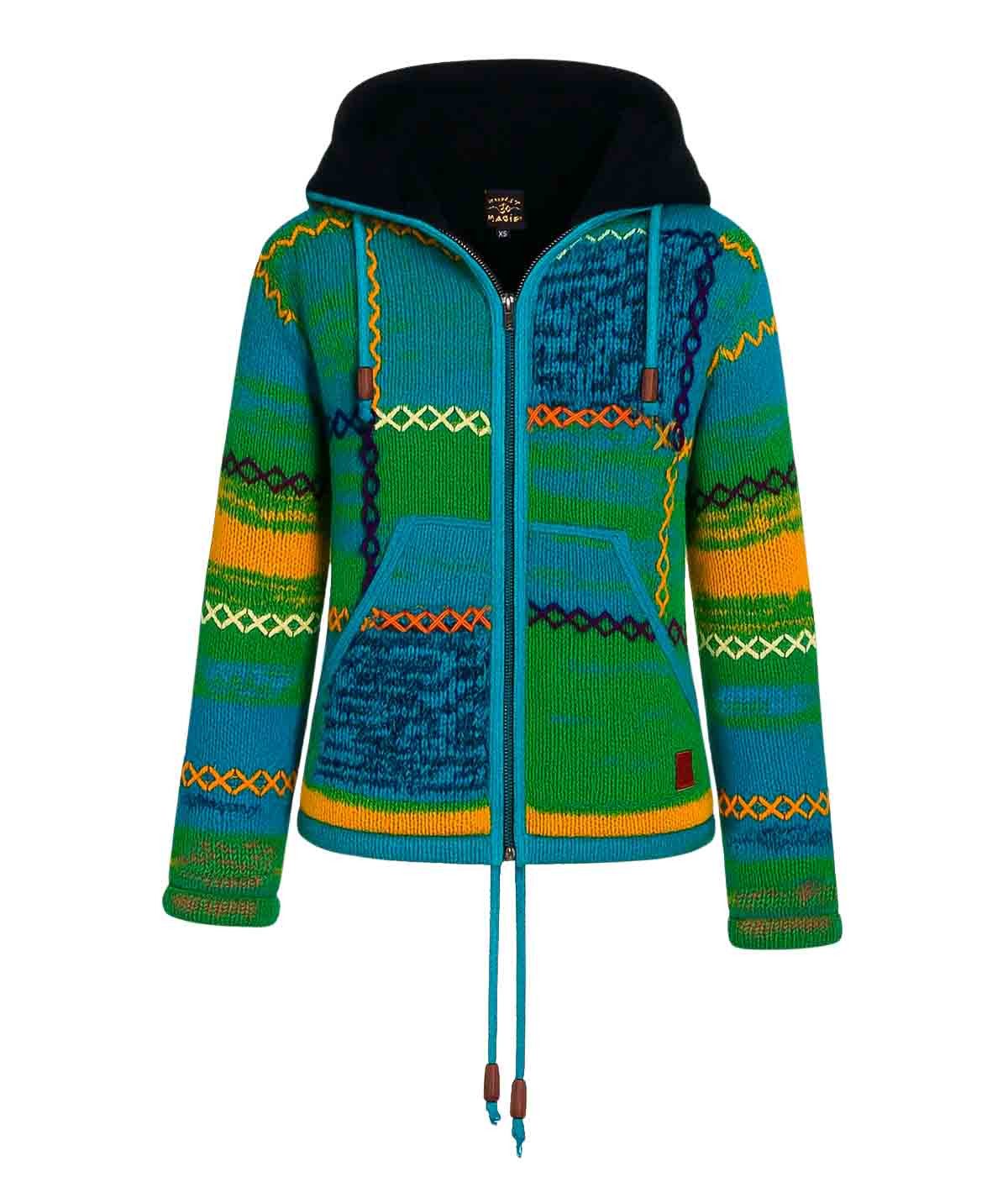 KUNST UND MAGIE Strickjacke Damen Strickjacke Wolle Bunte Patchwork Jacke+Fleecefutter&Hochkragen