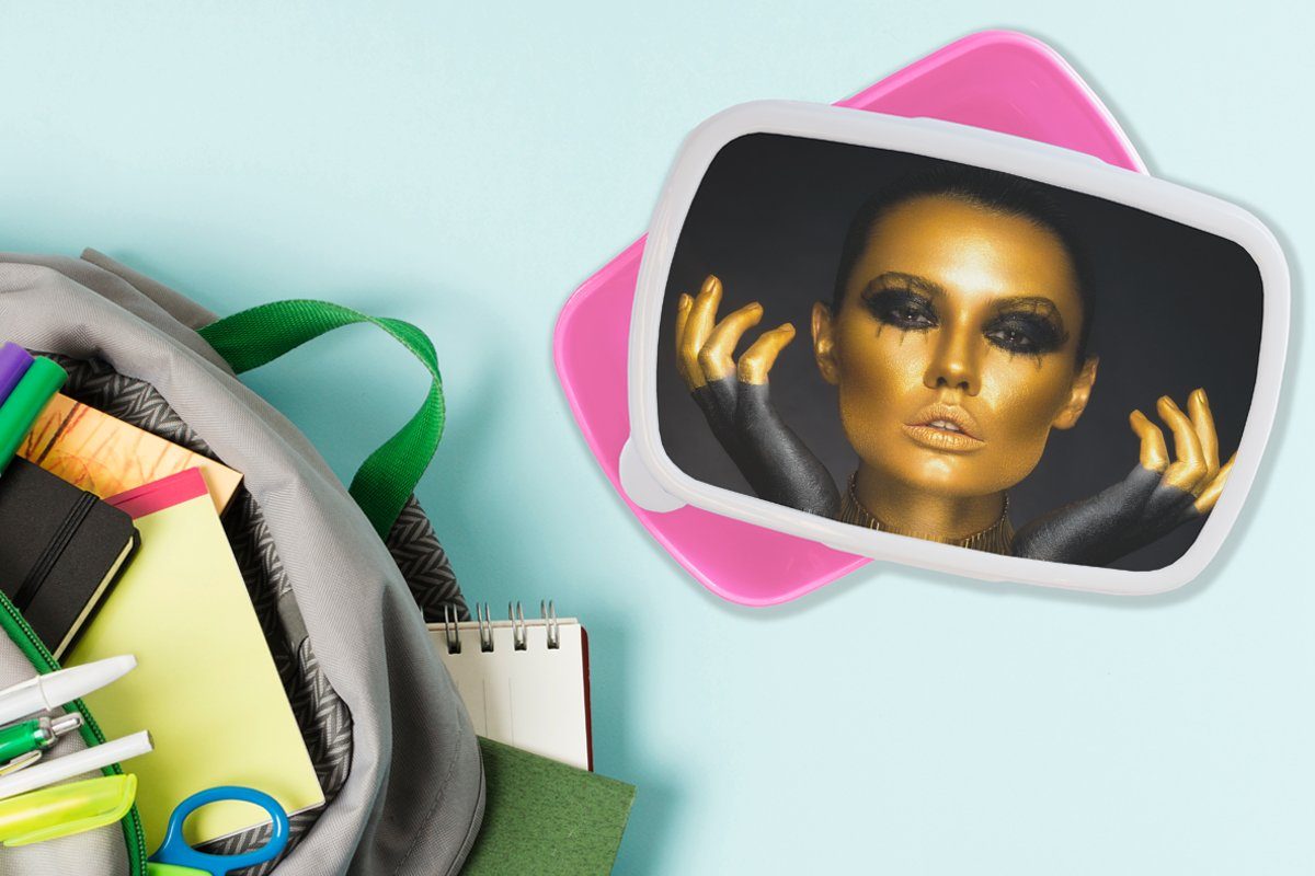 Lunchbox - Kunststoff Frau Brotbox - - für Brotdose - Snackbox, Kinder, Erwachsene, Kunststoff, Luxus Porträt (2-tlg), MuchoWow Mädchen, Gold Schwarz, rosa