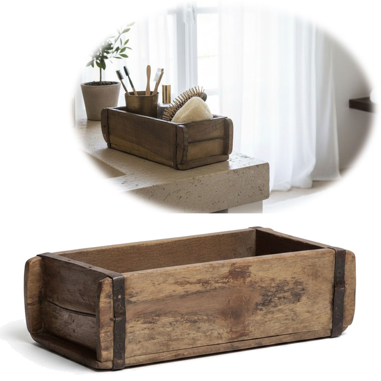 LS-LebenStil Holzkiste Original Vintage Holz Ziegelform 31x15cm Recycelt Aufbewahrungsbox (Echte alte Vintage Allzweckkiste Holzbox mit Metallbeschlägen, 1 St., Original Unika Recycelt, Holzkiste, Besteckkasten Besteckkorb), Rustikale Ordnungsbox Allzweckkiste Aufbewahrungskiste Organizer