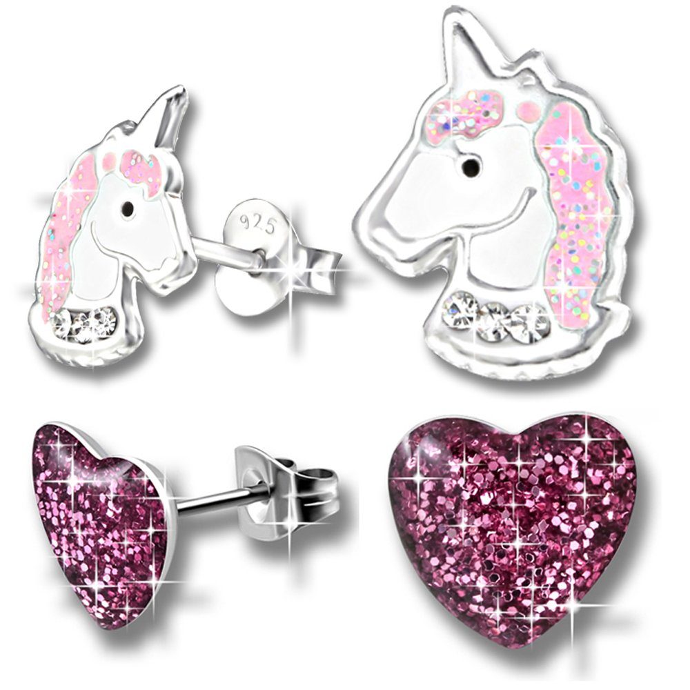 Limana Ohrring-Set Kinder Mädchen Ohrstecker echt 925 Sterling Silber Pferde Einhorn Edelstahl Herz, Silberschmuck, Kinderschmuck, Mädchenschmuck, Glitzer, Zirkonia K207+K160o | Ohrringe