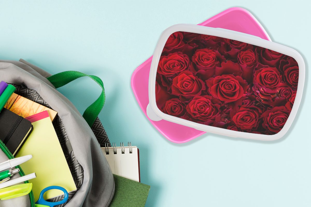 - (2-tlg), Erwachsene, MuchoWow Kinder, Snackbox, Rosen Kunststoff, Rot, Lunchbox Blumen für Brotdose Mädchen, Brotbox - rosa Kunststoff