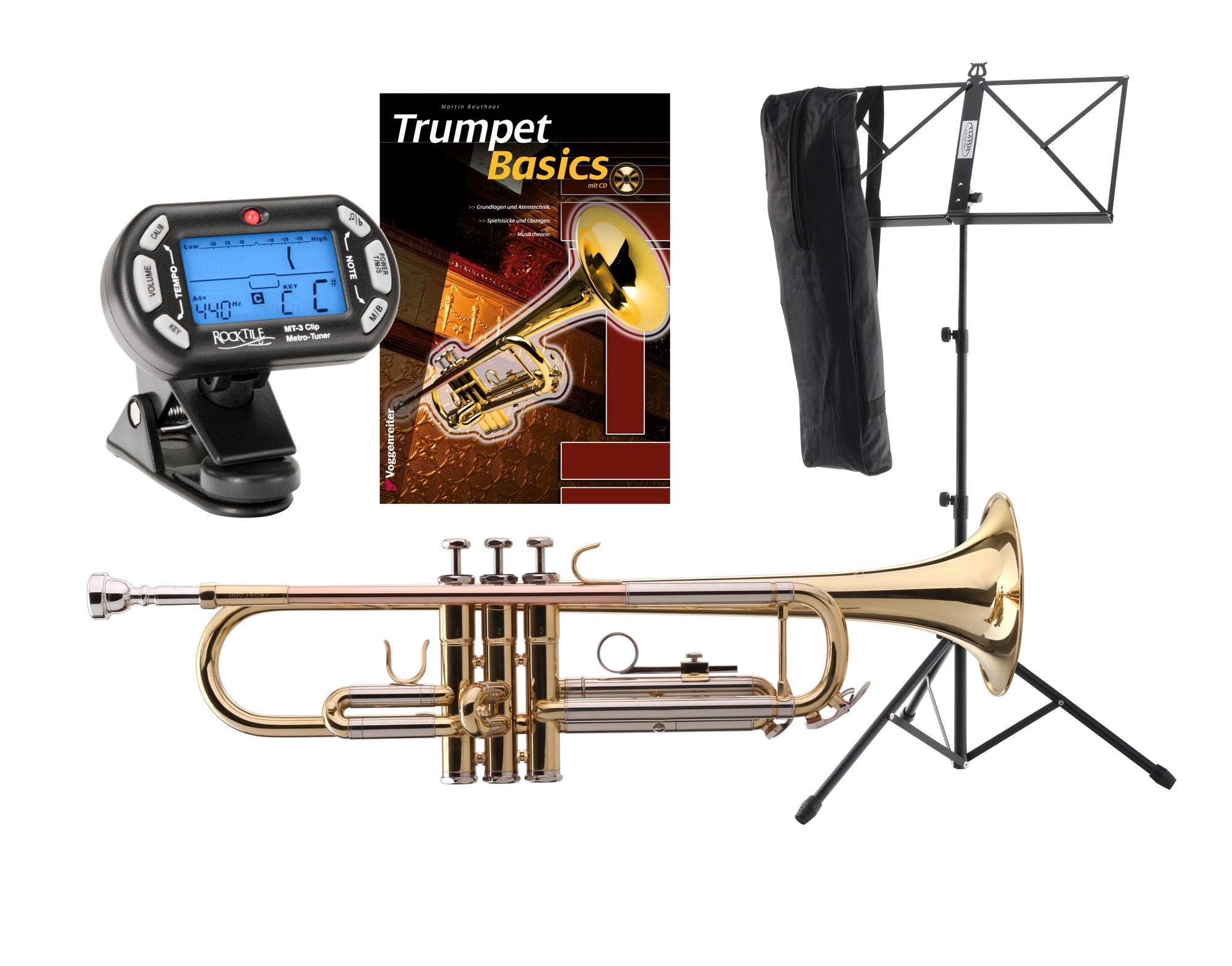 Classic Cantabile Trompete TR-40 Trompete Bb, Anfänger-Set, inkl. Koffer, Mundstück, Tuner & Notenständer, Mundrohr: Goldmessing, Schallbecher: 125 mm