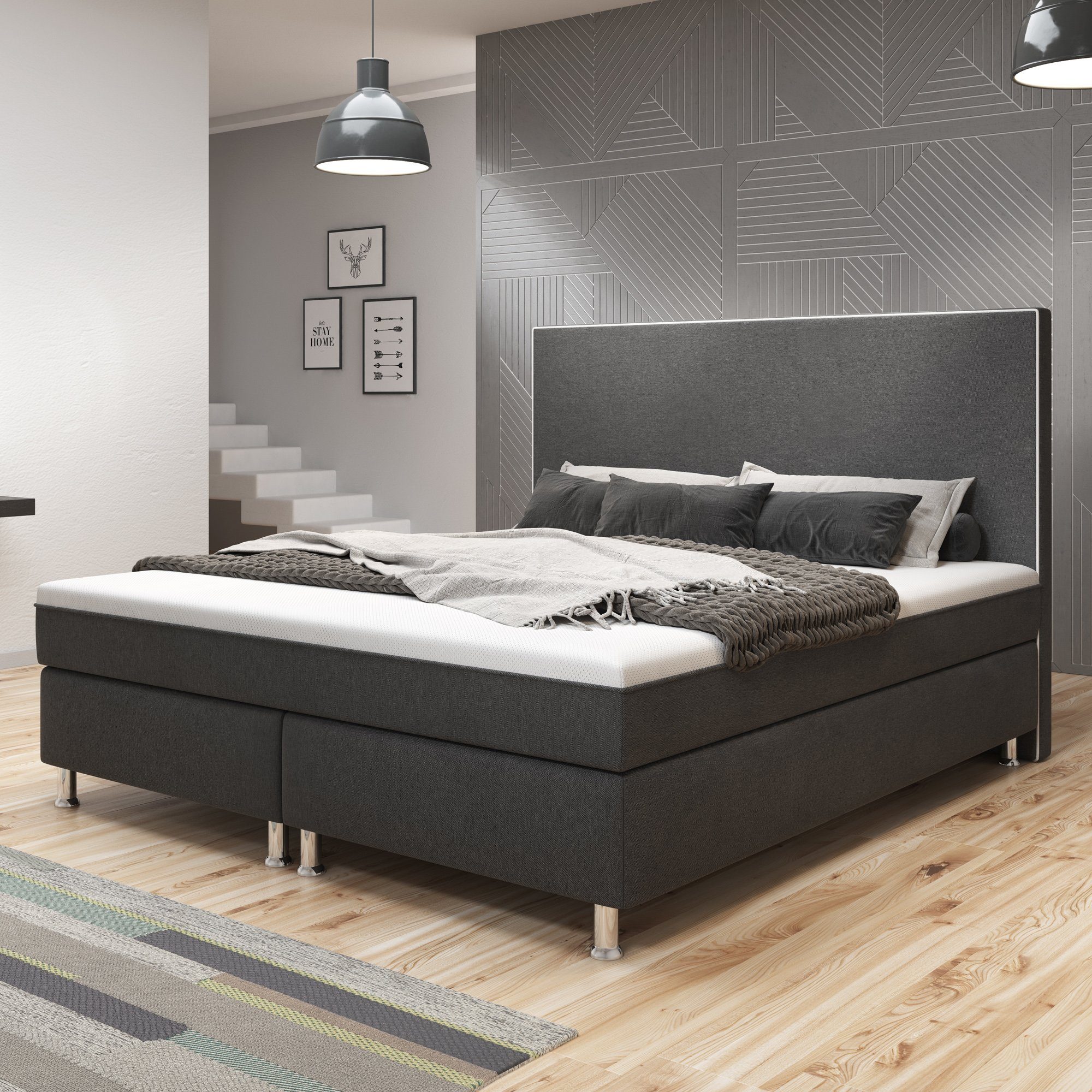 cm Boxspringbett und de Topper inklusive KING Anthrazit Luxe (inkl.Kopfteil,inkl. Boxspringbett Matratzen), Matratzen interbed Topper intergriertem mit 180x200