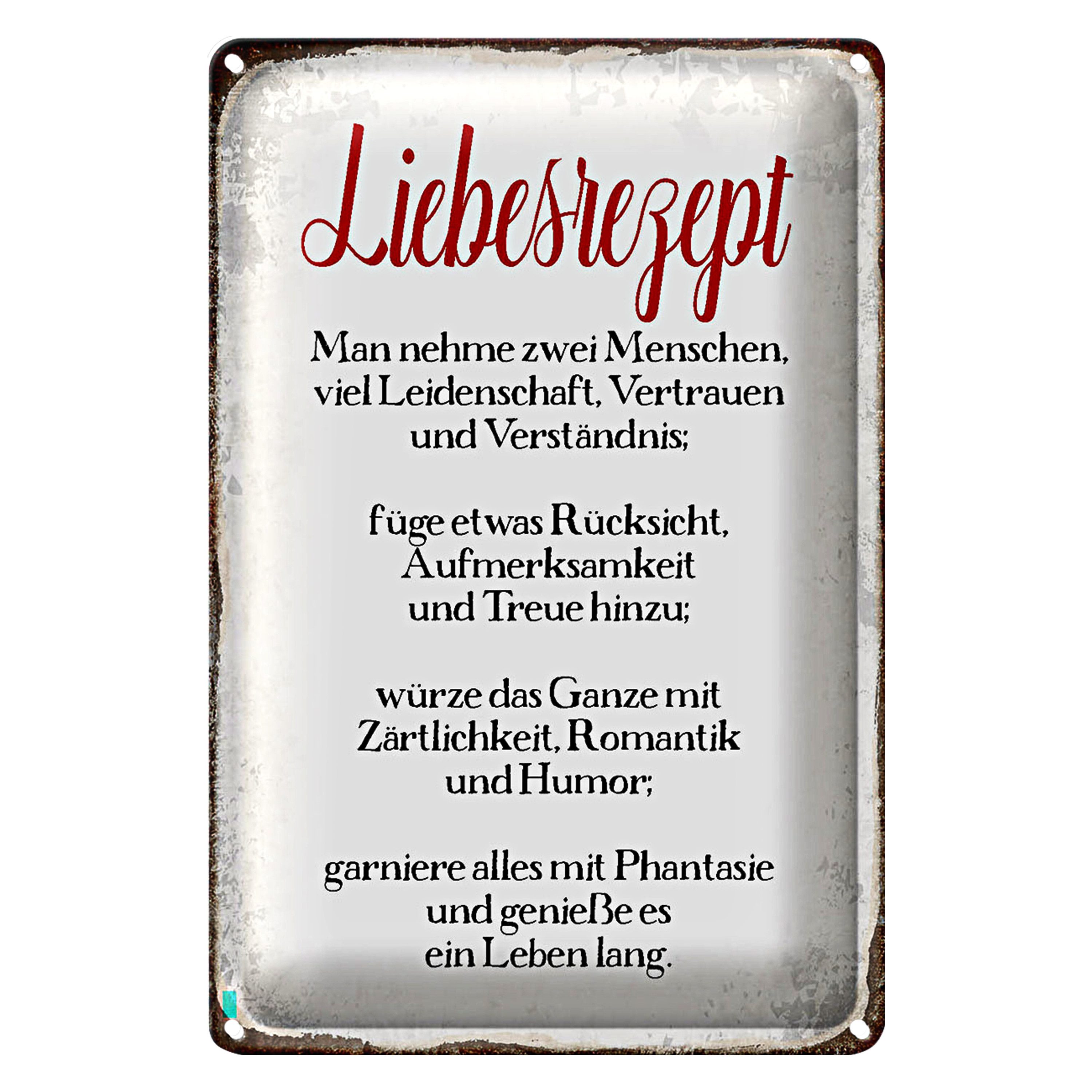 Metallschild Spruch 12x18cm Liebesrezept Retro