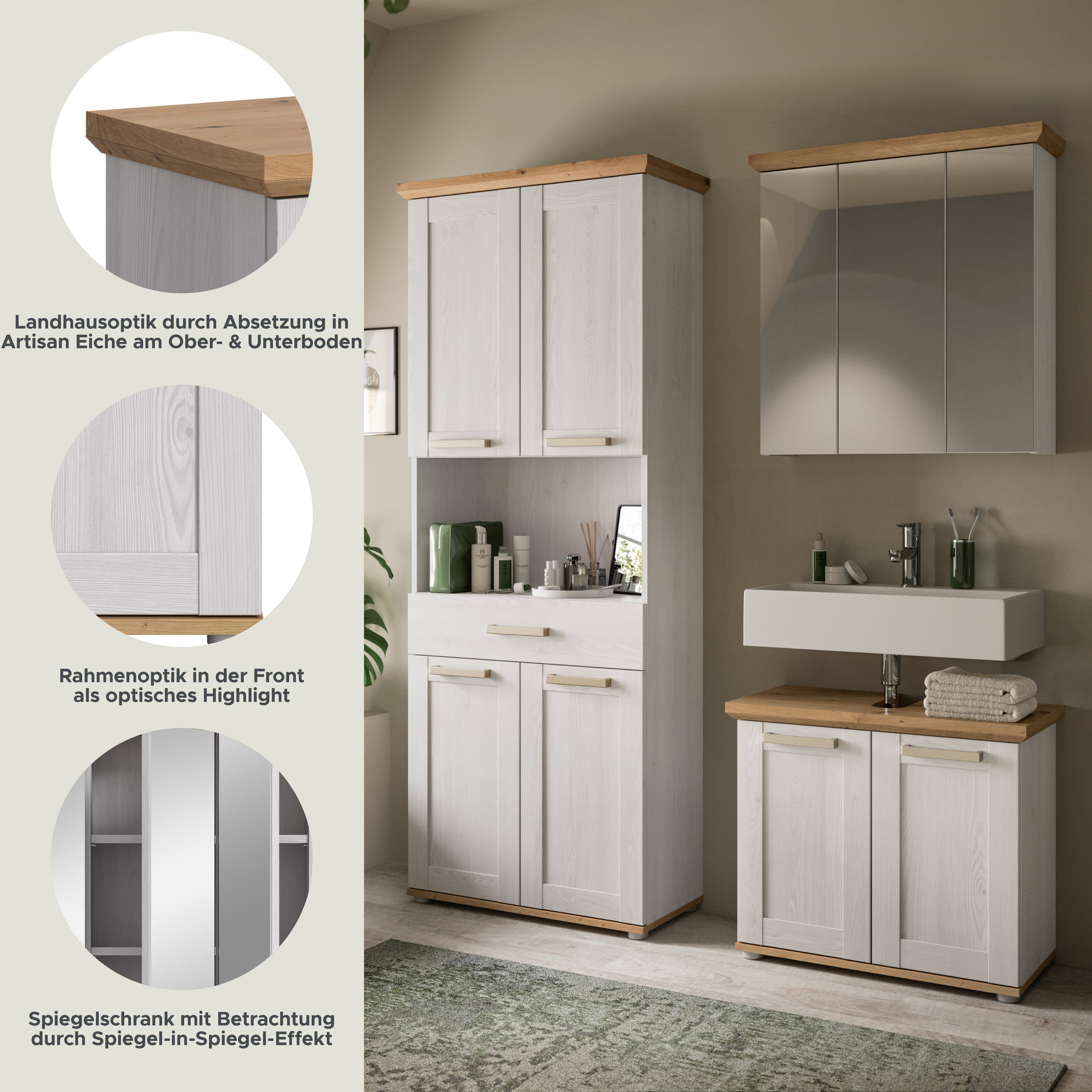 welltime Badmöbel-Set COSENZA, 3-teilig, in Landhausoptik, mit farblich abgesetztem Kranz, (3-St., best. aus: Hochschrank, Spiegelschrank und Waschbeckenunterschrank), Bad-Kombination, Badezimmer, Kombi, Bad, Bad-Möbel