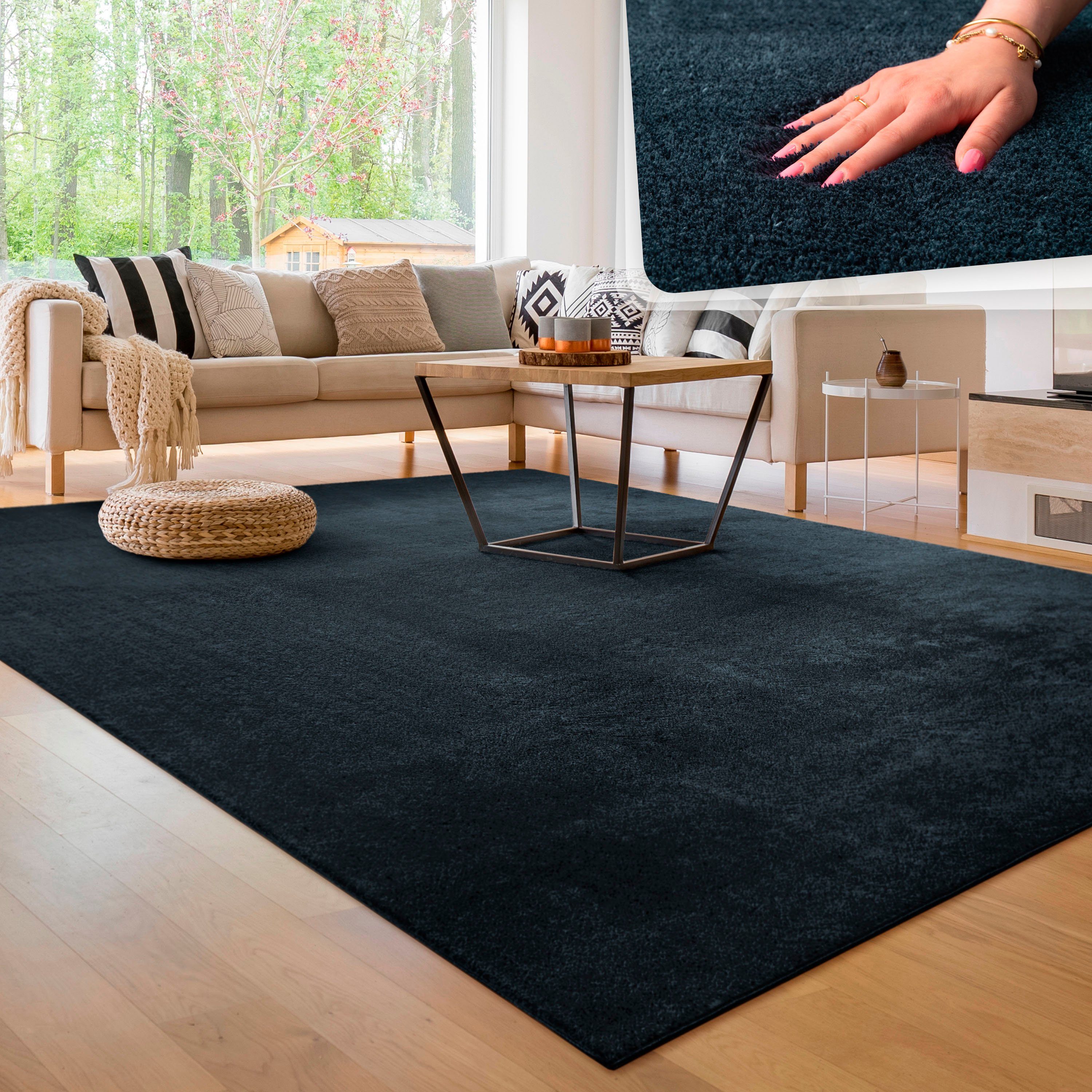 Teppich Cadiz 630, Paco Home, rechteckig, Höhe: 22 mm, Uni-Farben, besonders weich, waschbar, auch als Läufer erhältlich navy | Kurzflor-Teppiche