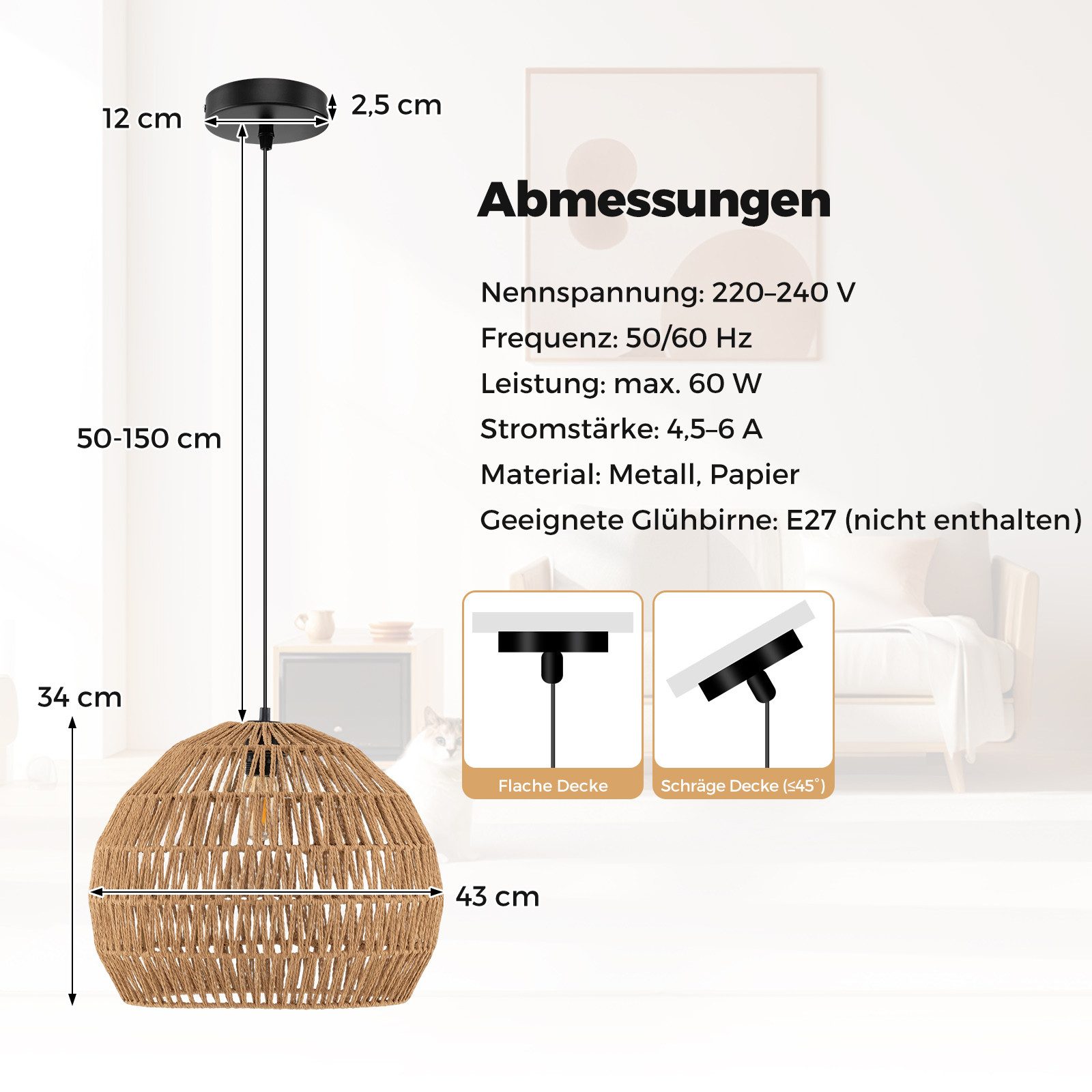 COSTWAY Pendelleuchte, geflochtene Deckenleuchte, verstellbare Aufhängehöhe