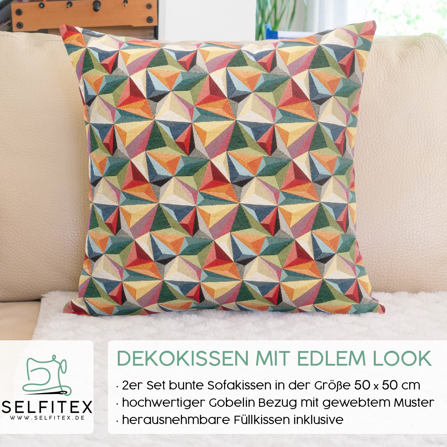 Selfitex Dekokissen mit buntem Muster im 2er Set, 30x50/40x40/50x50 inkl. Füllkissen, hochwertig gewebter Gobelin Kissenbezug mit weichem Füllkissen
