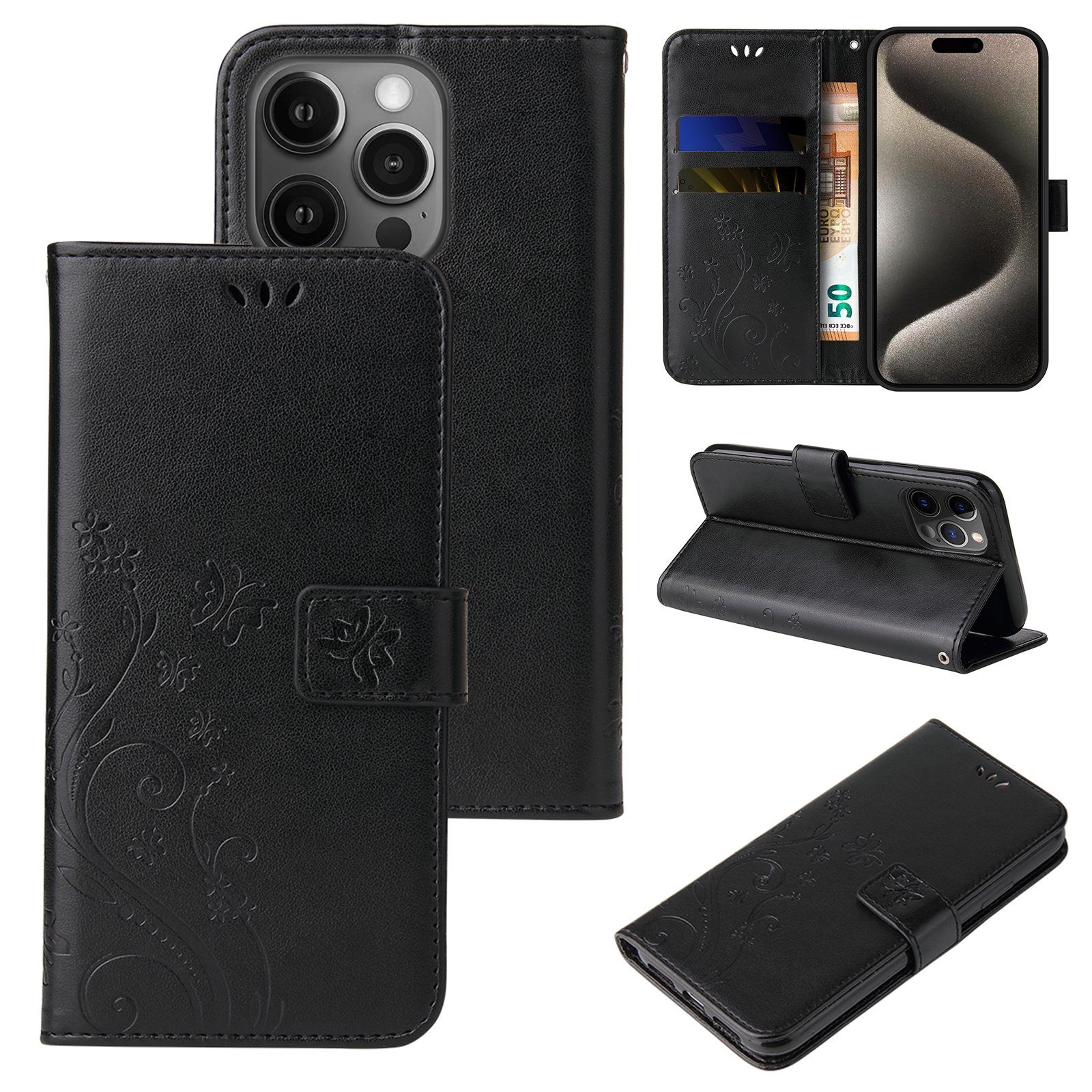 Tec-Expert Handyhülle Cover Tasche Hülle für Apple iPhone 15 Pro 6,1 Zoll, Klapphülle Case mit Kartenfach Fliphülle aufstellbar, Motiv Blumen