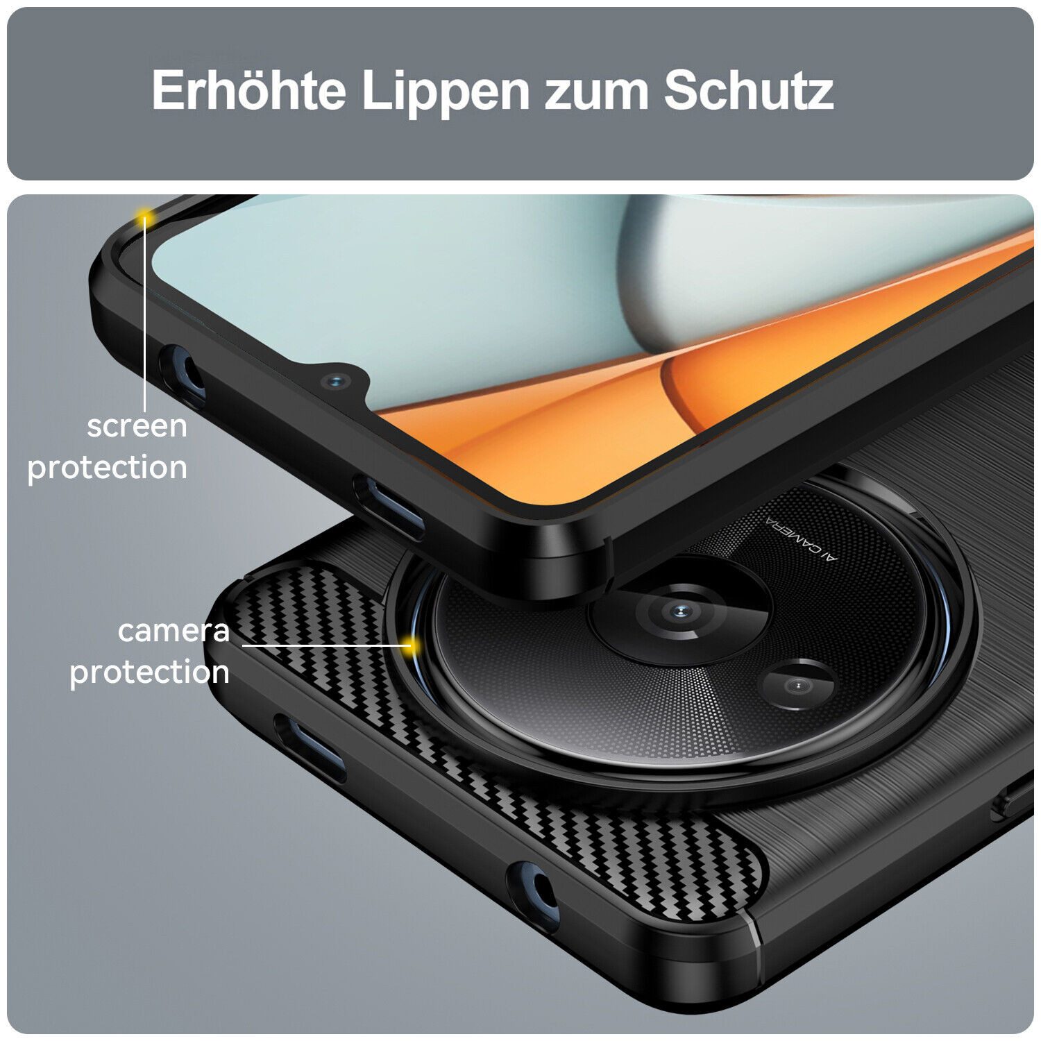 betterfon Handyhülle Carbon Hülle für Xiaomi Redmi A3 Backcover TPU Silikon Bumper Schwarz, Carbon-Look – stoßfestes Case mit Air-Cushion & Metall-Optik