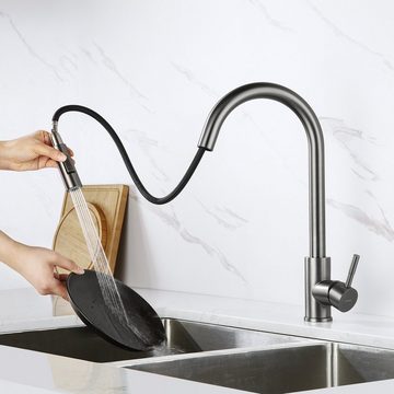 Lonheo Küchenarmatur Hochdruck Wasserhahn Küche ausziehbar mit 2 Strahlarten 360° Drehbar Spültischarmatur Dunkelgrau