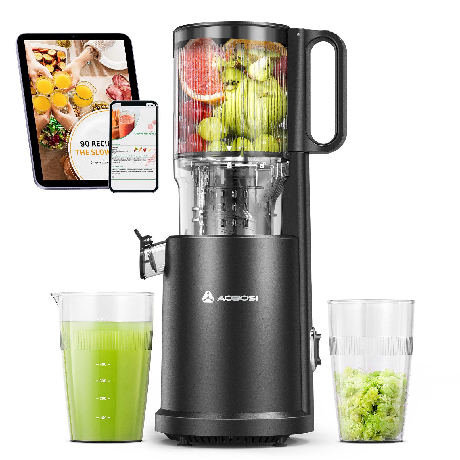 AMZCHEF Slow Juicer CE-ZM19OT07B-BK, 220 W, Slow Juicer mit 126MM Breite und mit 2 Gläsern