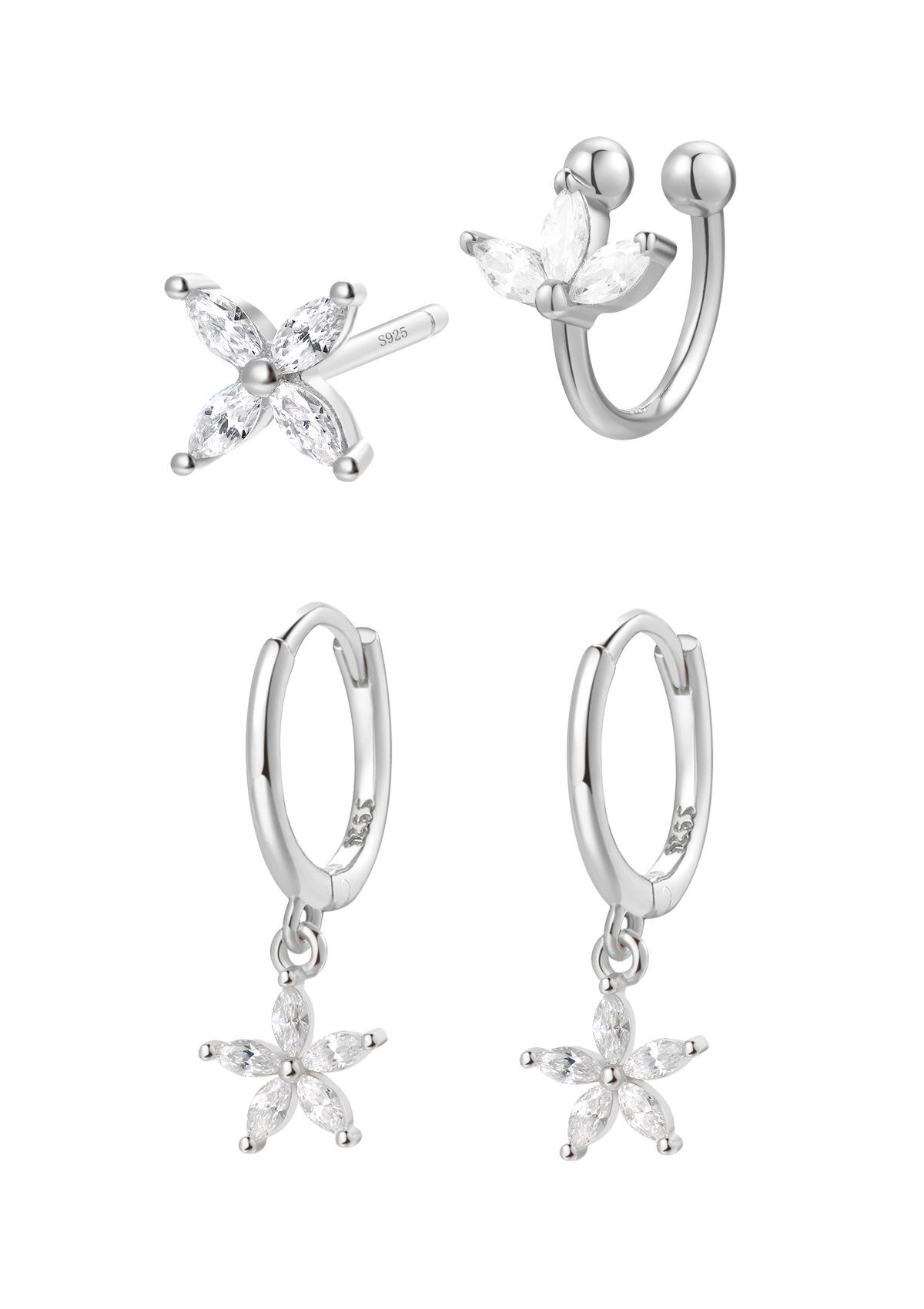 Hey Happiness Ohrring-Set Blütenliebe mit Zirkonia, 925 Silber vergoldet 4-tlg., Creolen mit Anhänger, Blume Ohrstecker, Ohrklemme für Damen