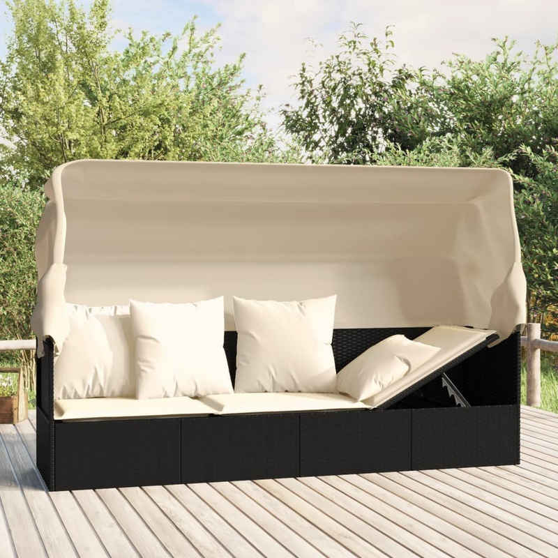 vidaXL Gartenliege Outdoor-Loungebett mit Dach und Kissen Schwarz Poly Rattan, 1 St.
