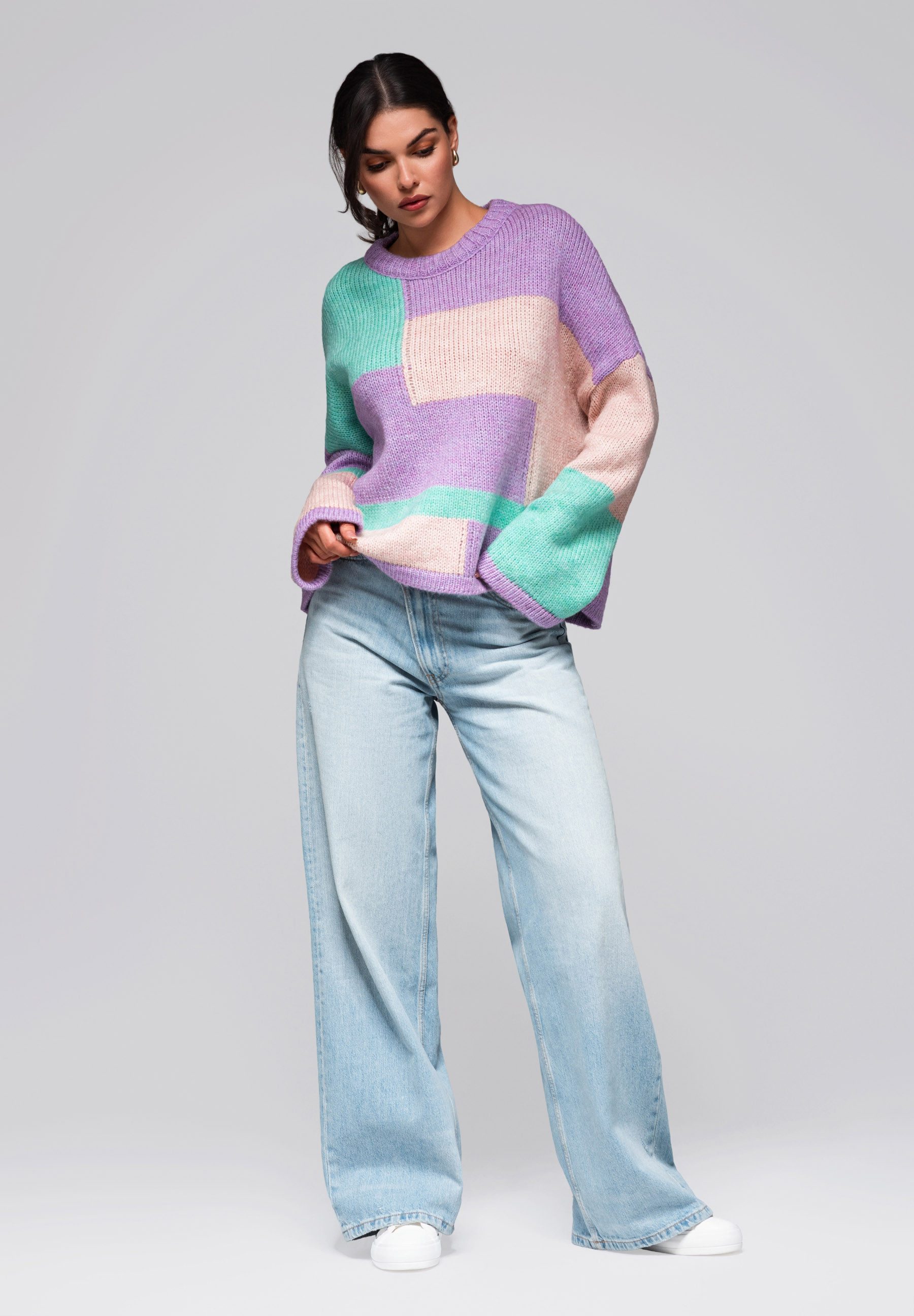 OMBRE Rundhalspullover Farbblock-Pullover mit Pastelltönen