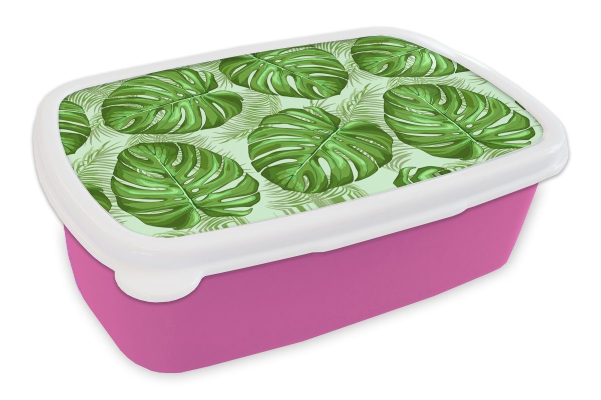 MuchoWow Lunchbox Kinder, Kunststoff, (2-tlg), Kunststoff - Monstera Brotbox - Brotdose rosa Mädchen, für Palmenblatt Erwachsene, Muster, Snackbox