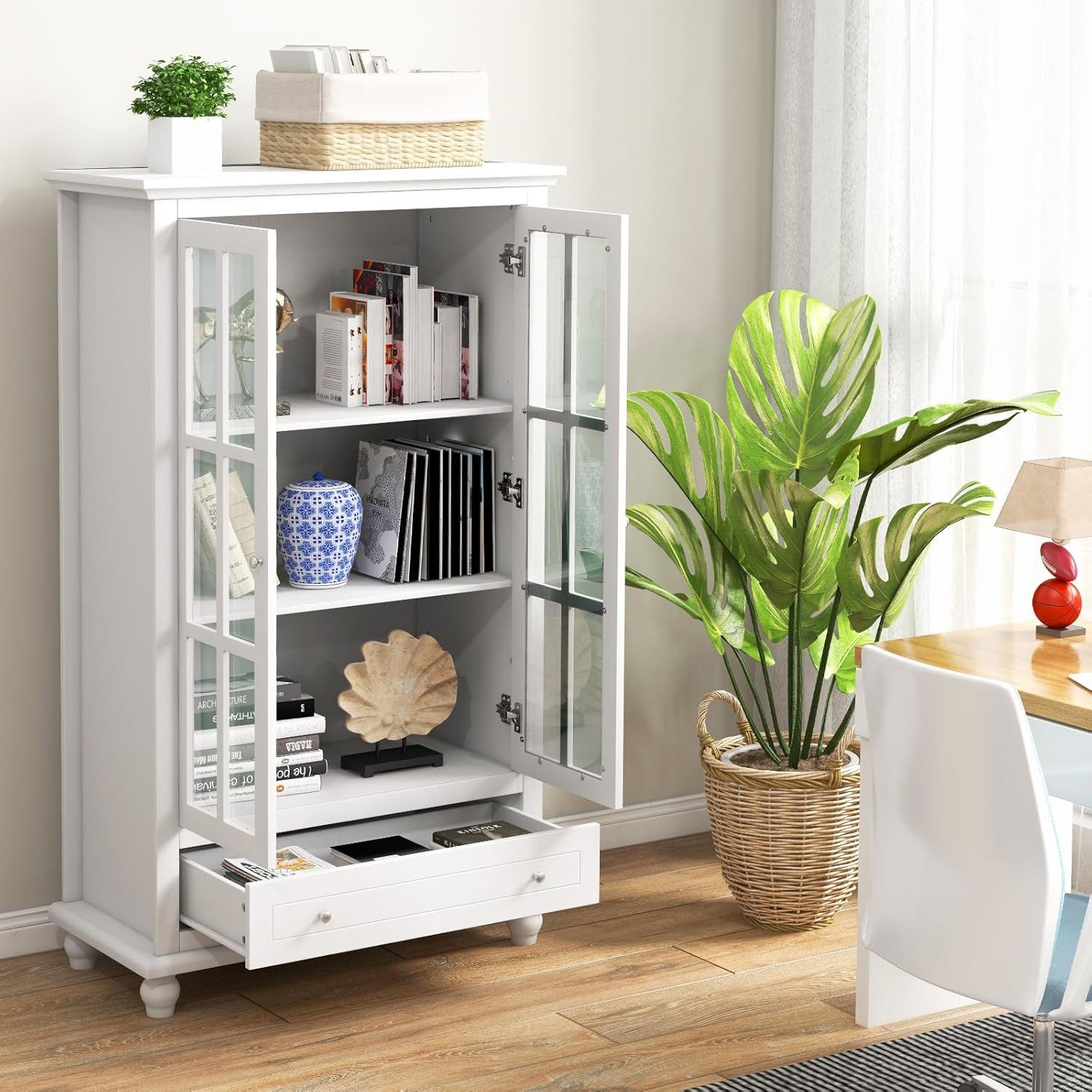 KOMFOTTEU Mehrzweckschrank Bücherschrank Vitrinenschrank mit Glastüren & Schubladen
