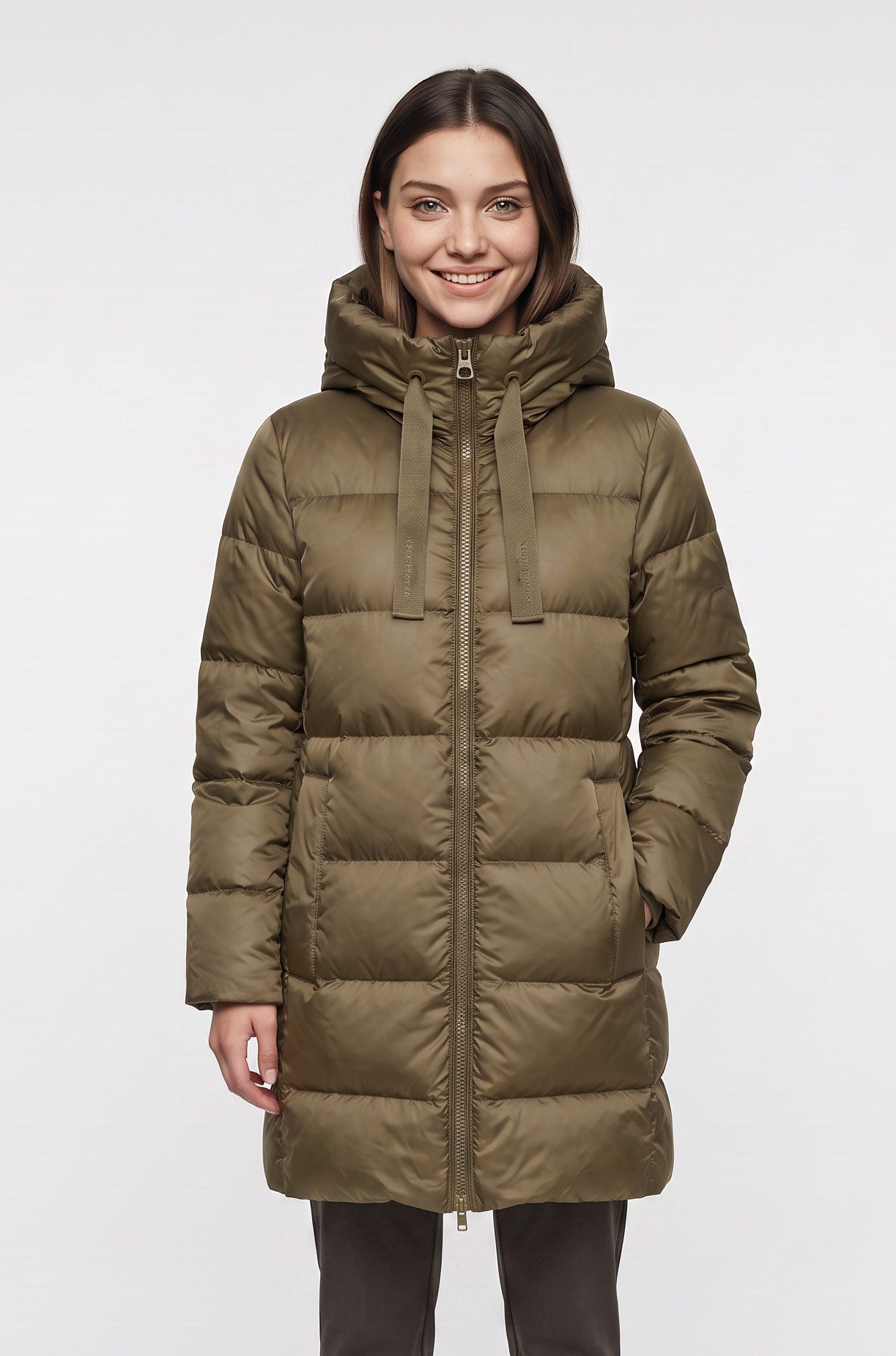 Marc O'Polo Daunenmantel mit 2-Way-Zipper, großer Kapuze und Label-Band