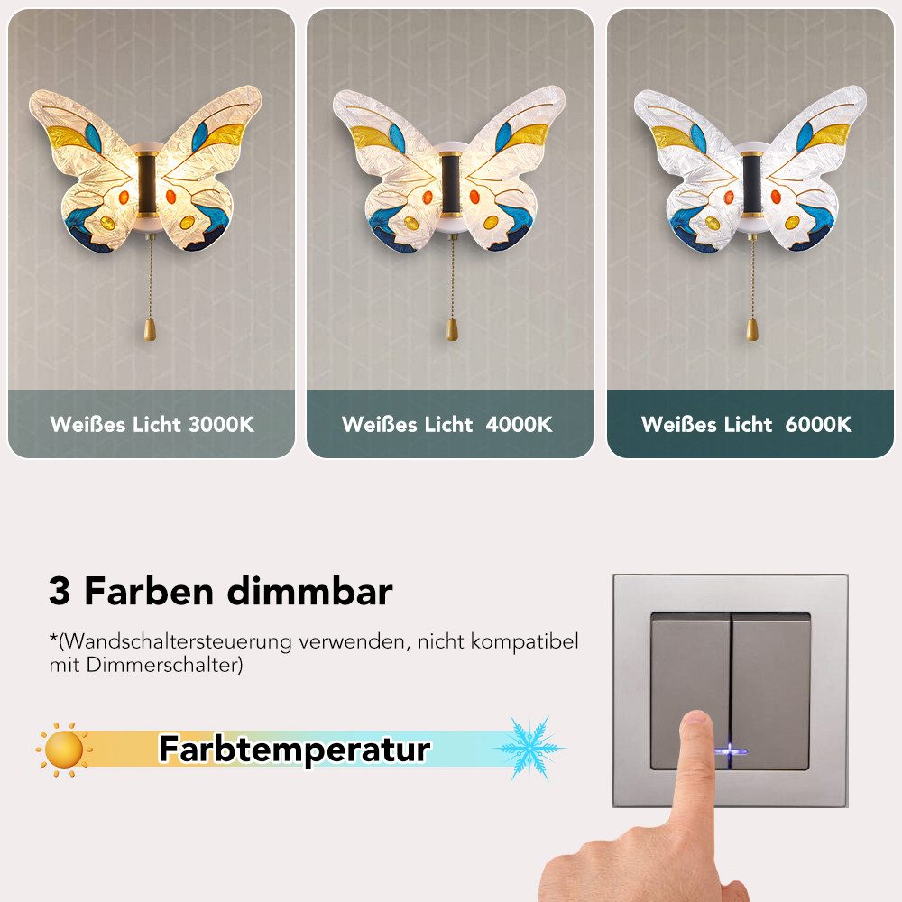 Jibenhome LED Wandleuchte LED-Wandleuchten Dimmbar 3 Farbtem Schmetterlings Wandlampe 8W, Mit Zugschalter, LED fest integriert, Acryl Wandlampe für Schlafzimmer,Kinderzimmer,Treppen,Flur