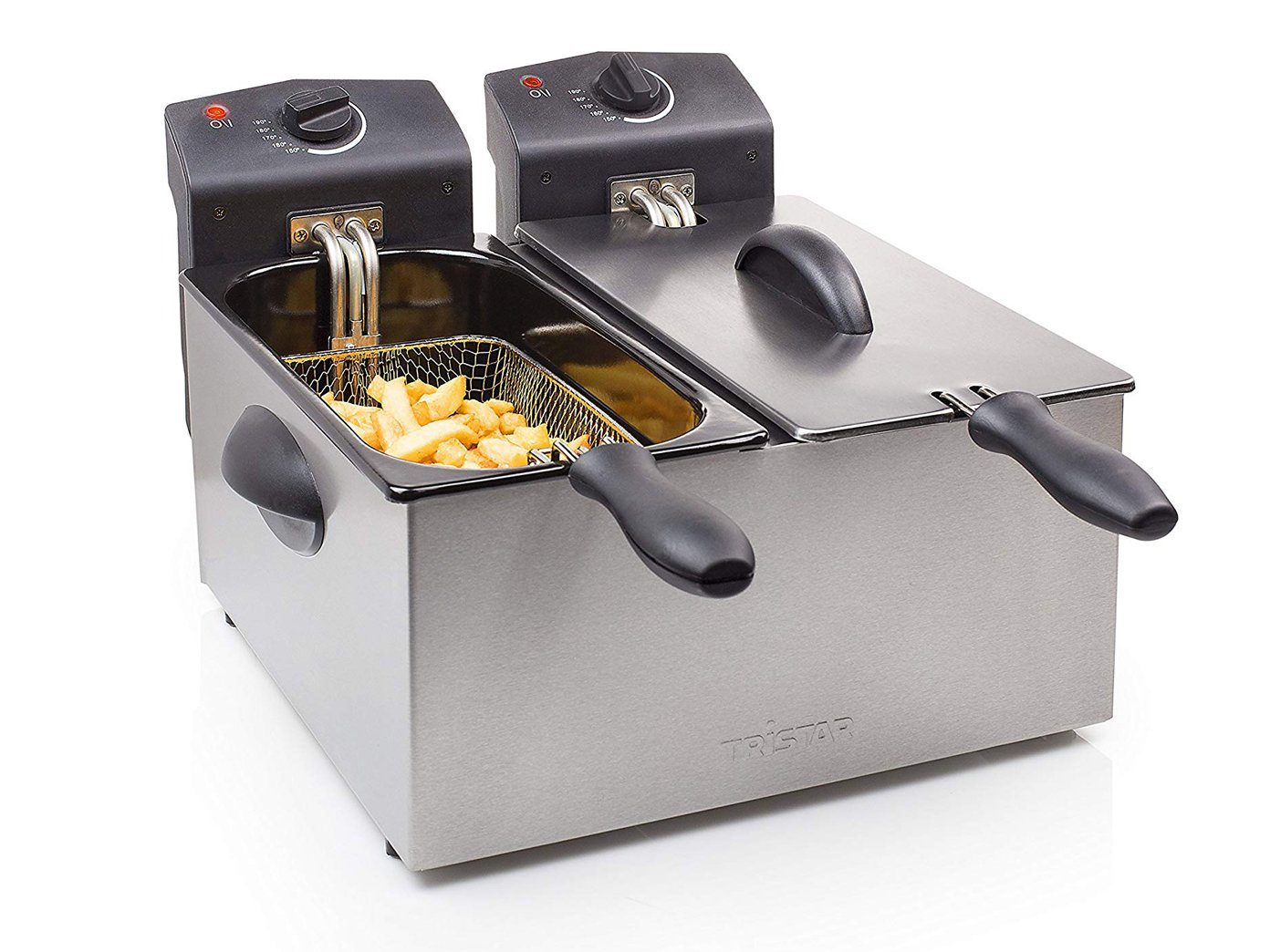 Tristar Kaltzonenfritteuse, 3600 W, Edelstahl Doppel Fritteuse 2x 3Ltr. Frittierkörbe - Frittöse mit Fett