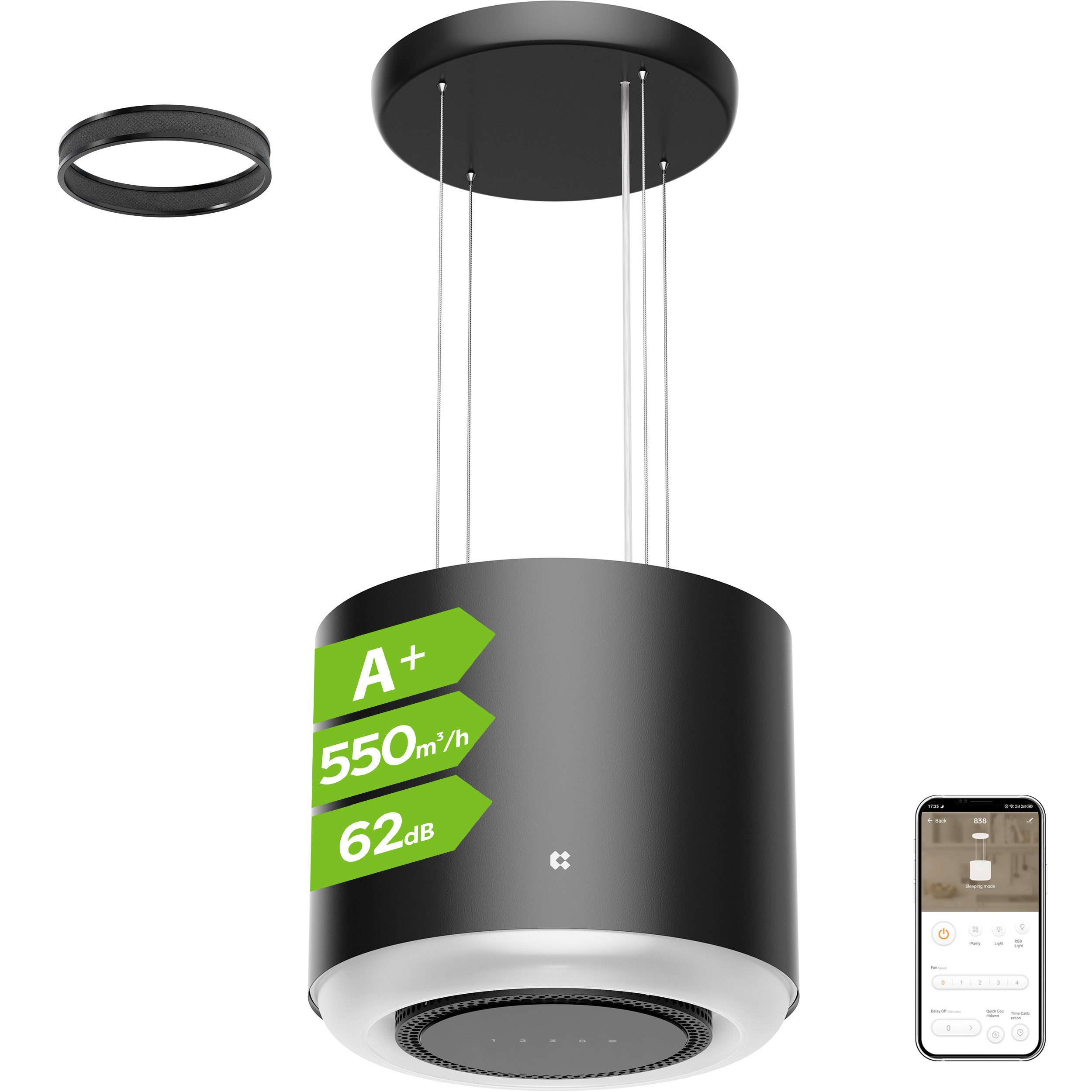 CIARRA Inselhaube 48 cm A+ 550 m³/h leise Dunstabzugshaube freihängend Umluft VM4838B 48 cm A+ 550 m³/h leise Dunstabzugshaube freihängend Umluft VM4838B, WIFI-APP Touch Control Inkl. BOOST 4 Stufen mit Kohlefilter & LED
